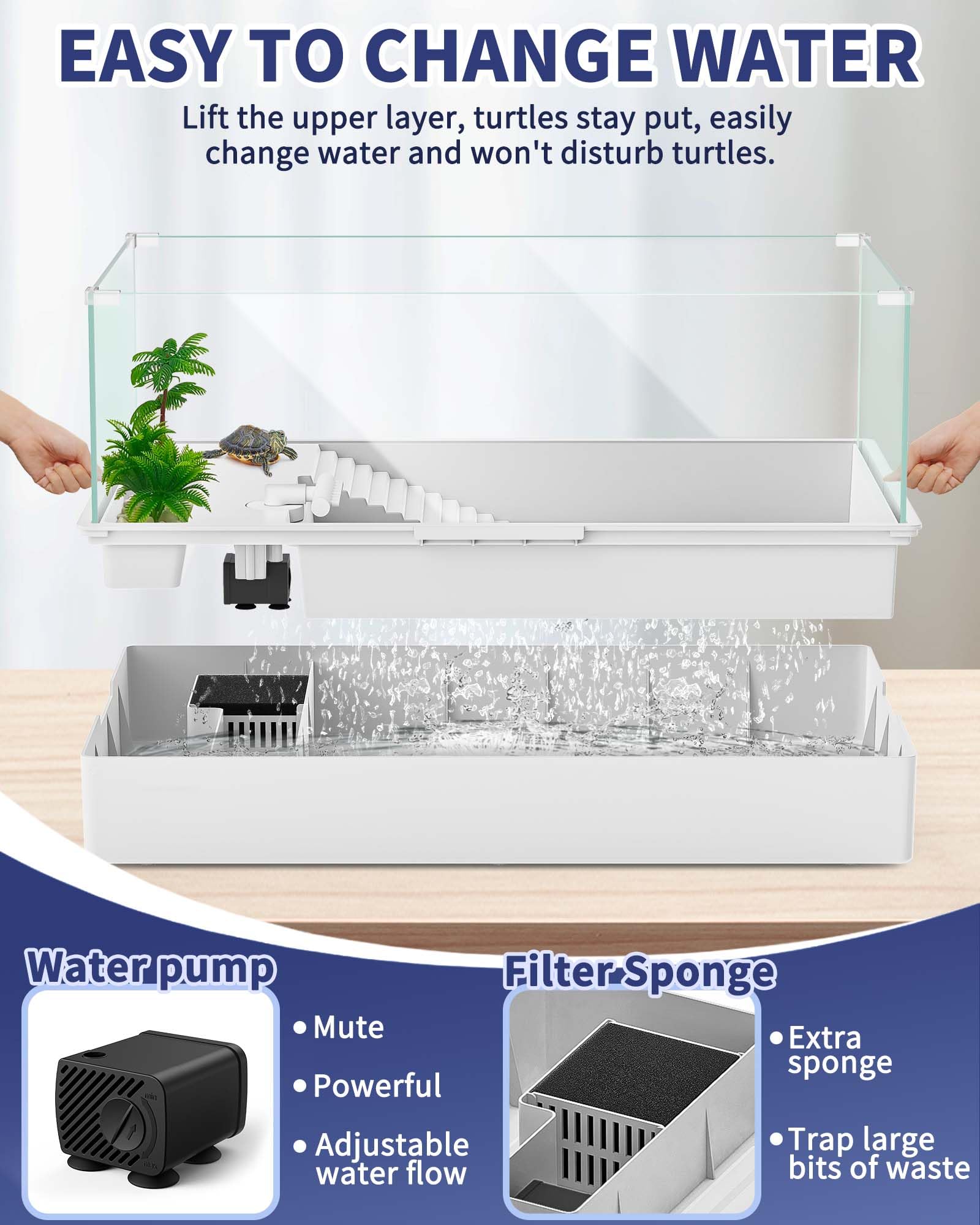Moonorange Large Turtle Tank (Tank + Water Pump), Acrylic Turtle Tank Starter Kit With Upgrade Rain Shower Head, Adjustable 5W W