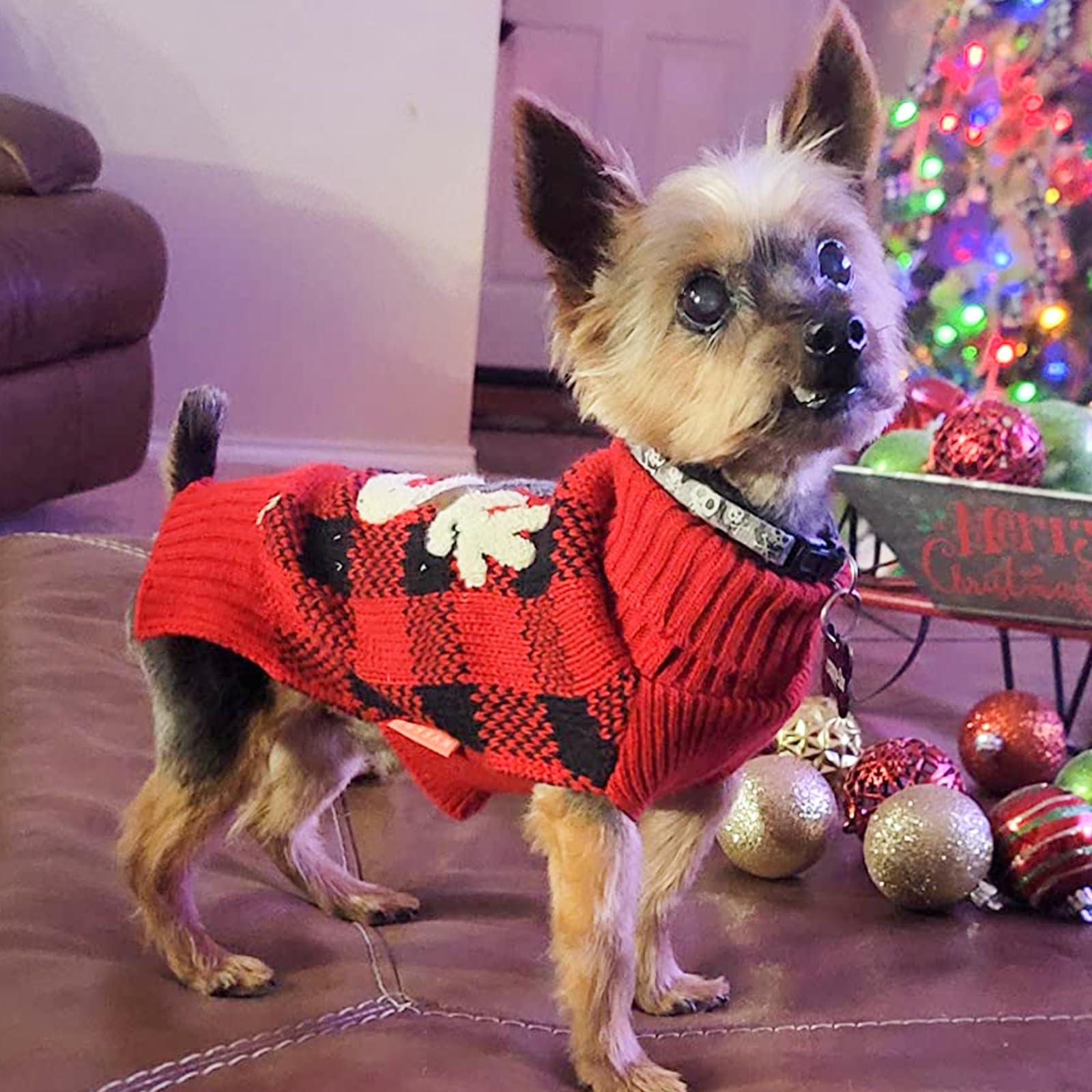 Kyeese Dogs Sweaters Reindeer Small Dog Sweaters Red Buffalo Check With Leash Hole Pet Sweater Puppy Sweater,S