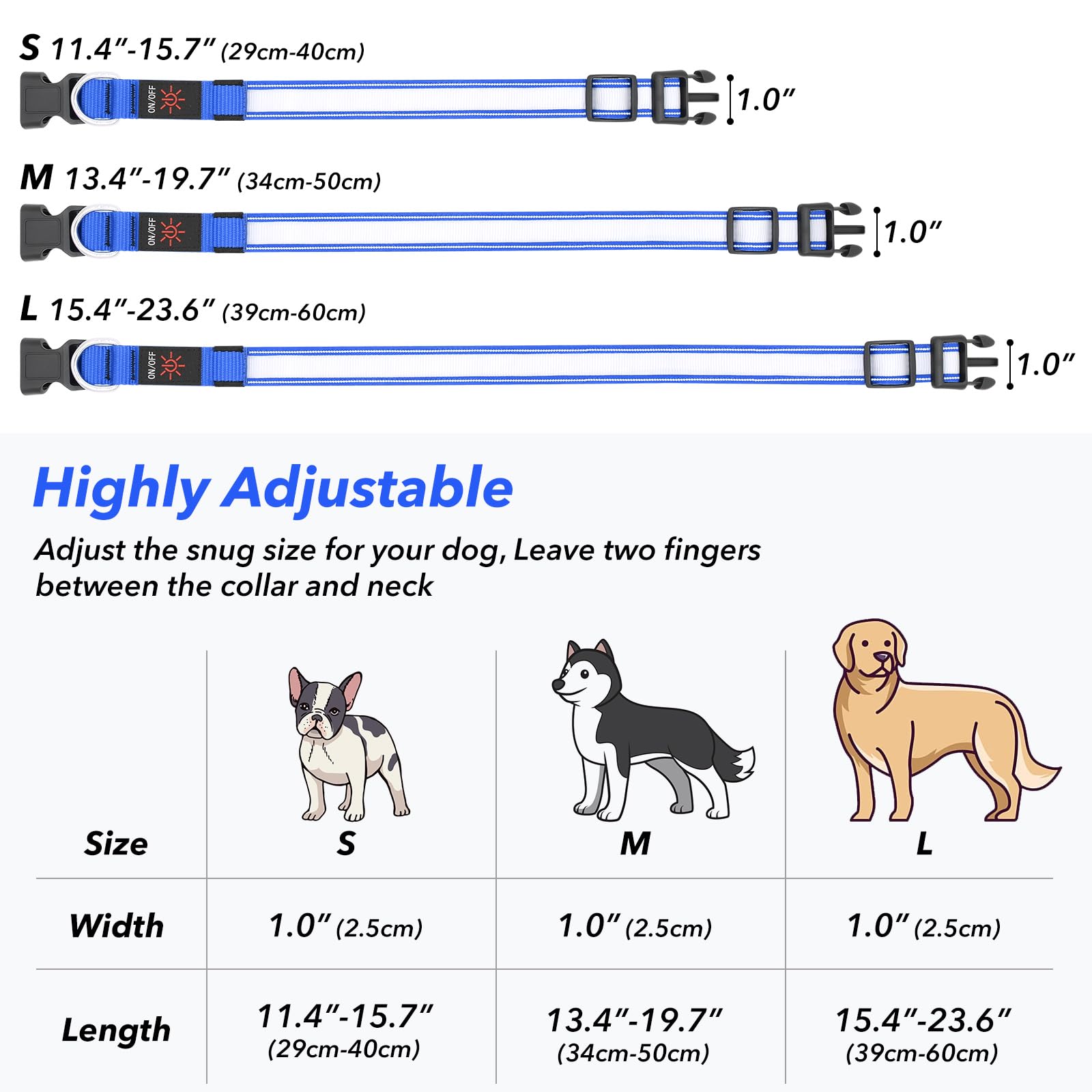 Visinite Light Up Dog Collars For Small Medium Large Dogs, Fully Adjustable Led Dog Collar Usb Rechargeable, 3 Glowing Modes Pet Dog Collar, Lighted Dog Collars For Night Walking Safety
