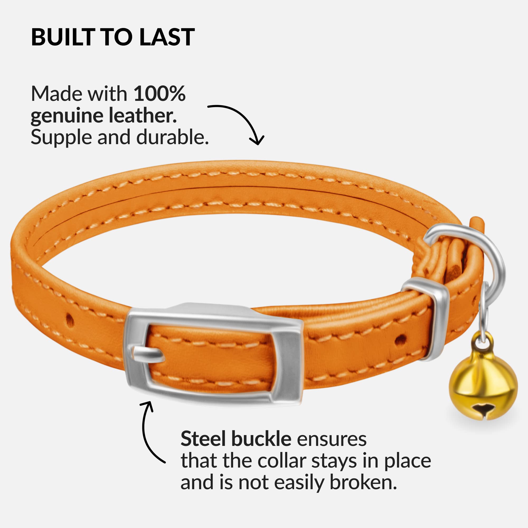 Collardirect Leather Cat Collar With Bell - Kitten Collar, Small And Big Cat Collar For Boy Cats, Girl Cats With Safety Elastic Strap (Neck Fit 6'-7', Orange)