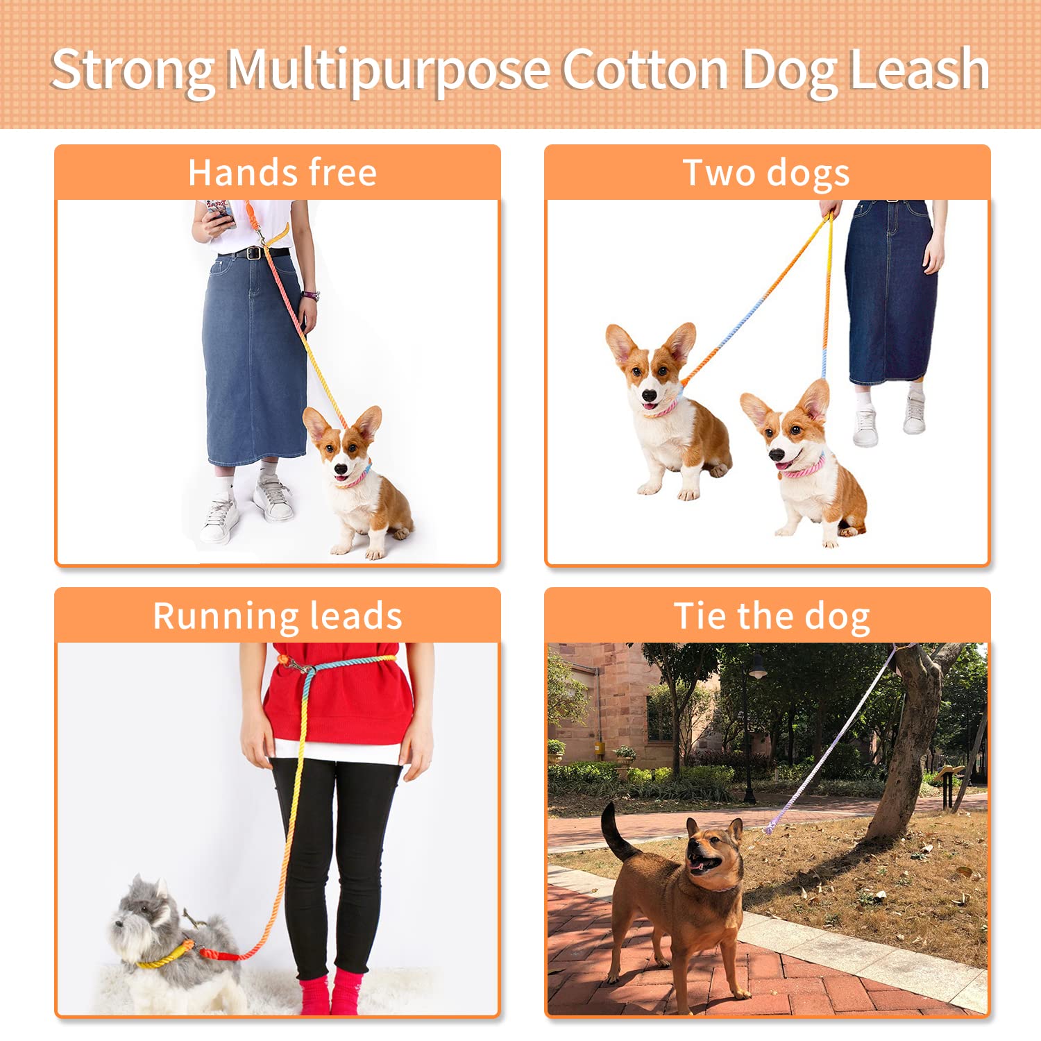 Tesitehi Multifunctional Rope Dog Leash 7.5 Ft With Adjustable Double Swivel Hook Hands Free For Small Medium And Large Dogs Run