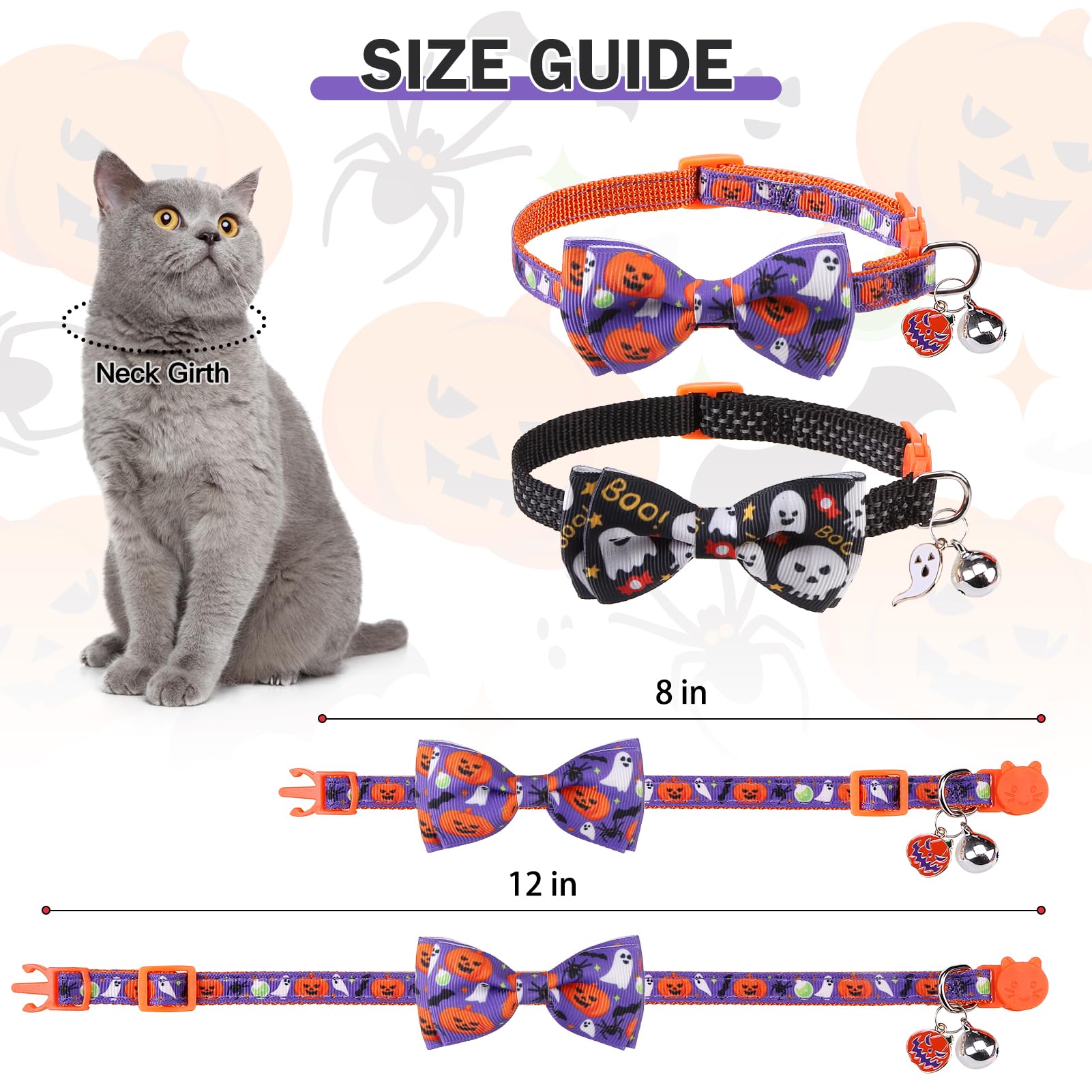 Dillybud Halloween Cat Collar Cat Collar Breakaway With Bell, 2 Pack Safety Adjustable Cat Collars With Pendant, Reflective Cat