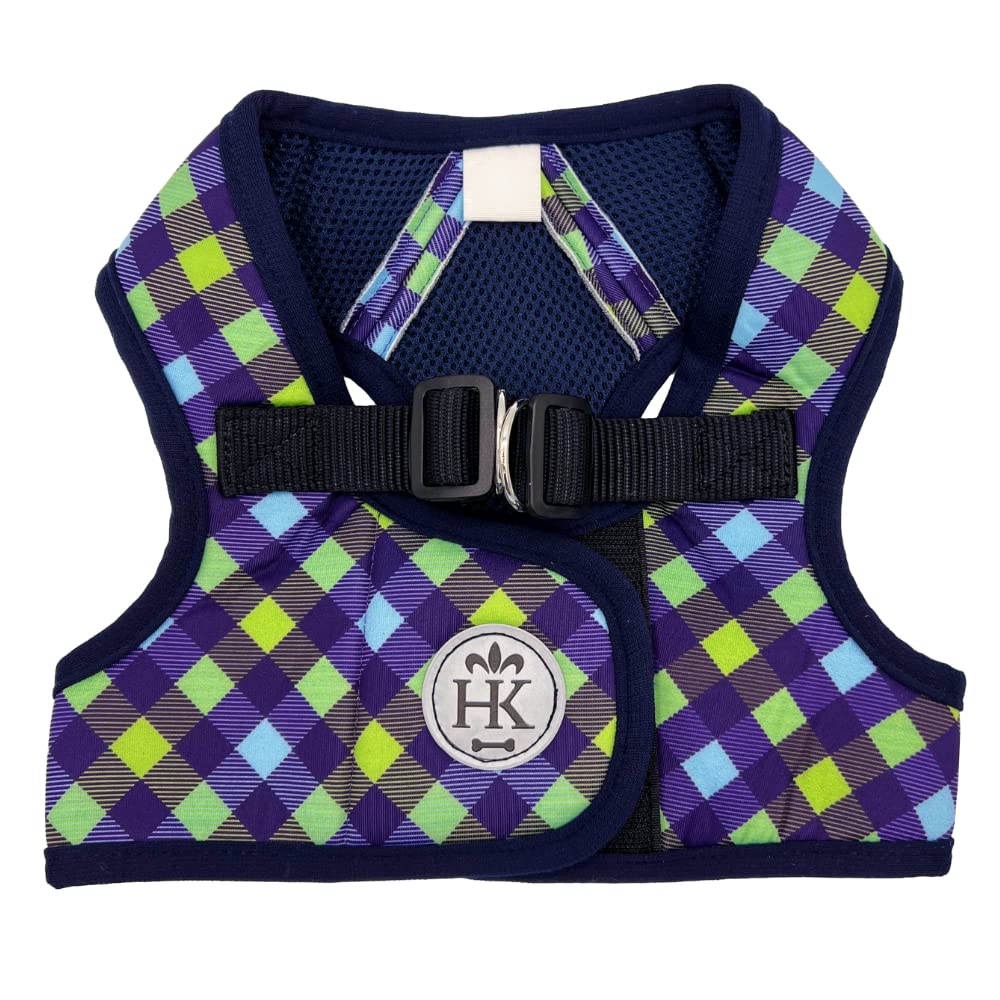 Huxley & Kent Hudson Walking & Training Harness - Blue/Green Check (Extra-Small, 6-10Lbs) - Easy Control Step-In Mesh Vest Harne