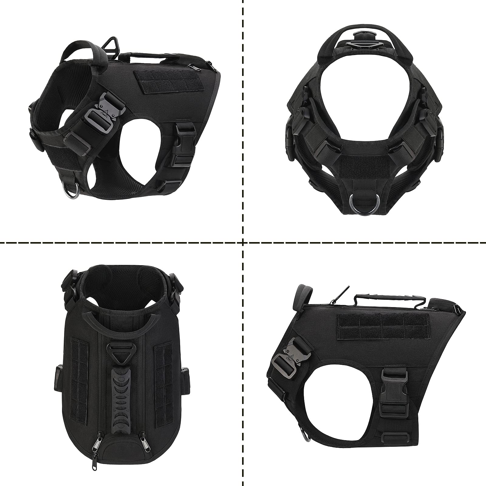 Tactical Dog Harness For Medium And Large Dogs No Pull Adjustable Dog Vest For Training Hunting Walking Military Dog Harness With Handle Service Dog Vest With Molle Panels Black,L,With 2 Pouches