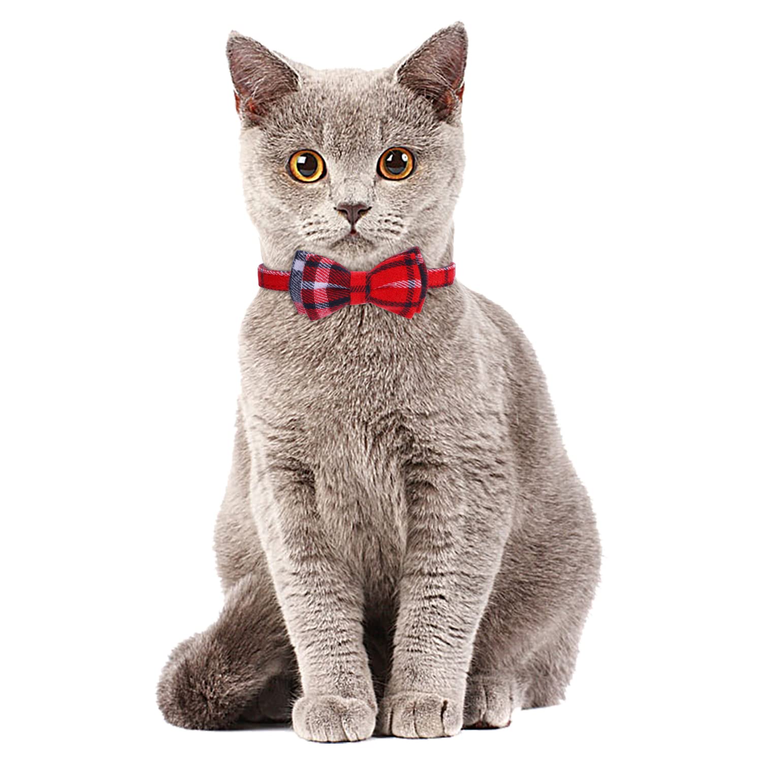 Faleela 2 Pack/Set Cat Collar With Cute Bow Tie And Bell,Breakaway Plaid Shirt Collar For Kitty Adjustable Safety