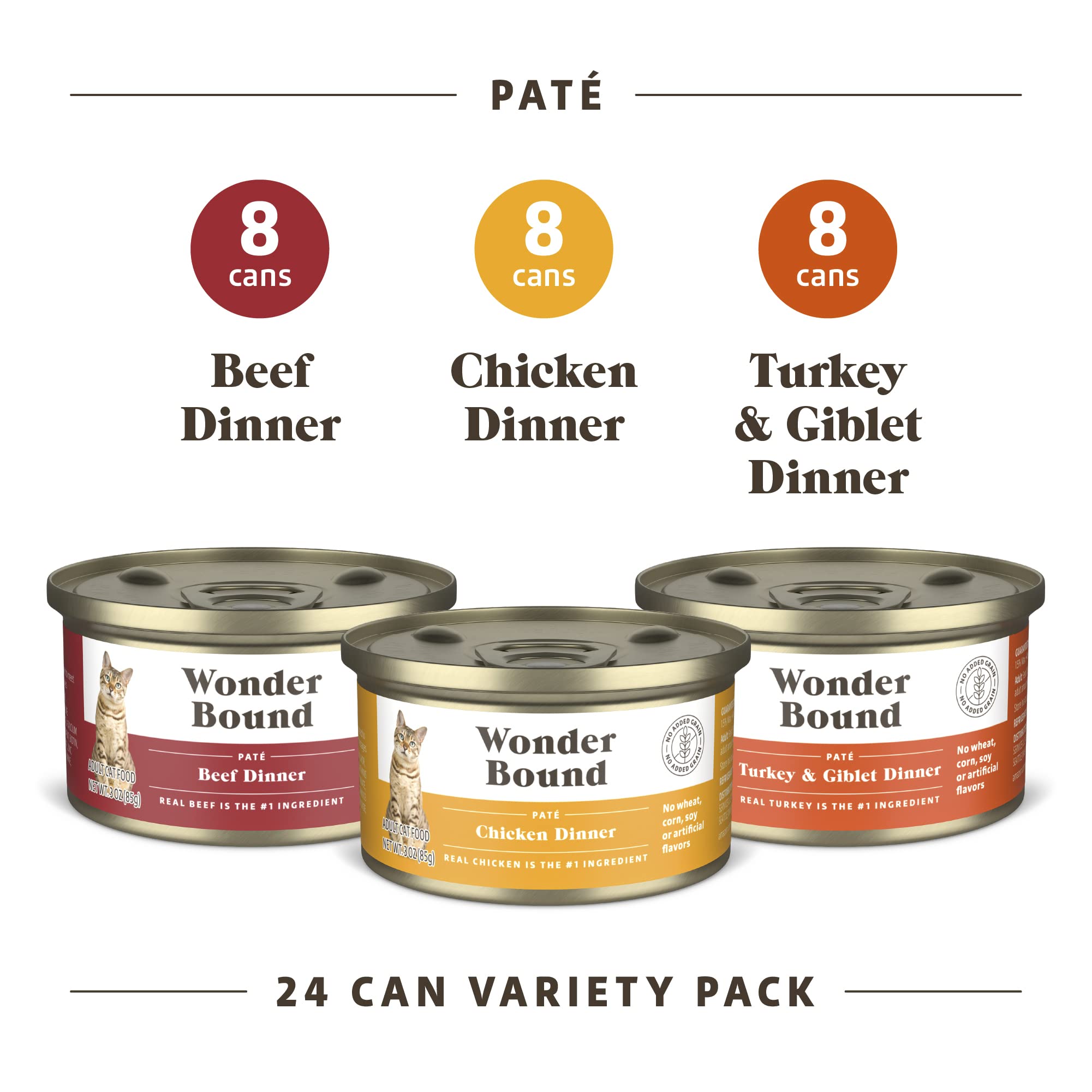 Amazon Brand - Wonder Bound Wet Cat Food, Pate, No Added Grain, Variety Pack (Beef/Chicken/Turkey & Giblet), 3 ounce (Pack of 24