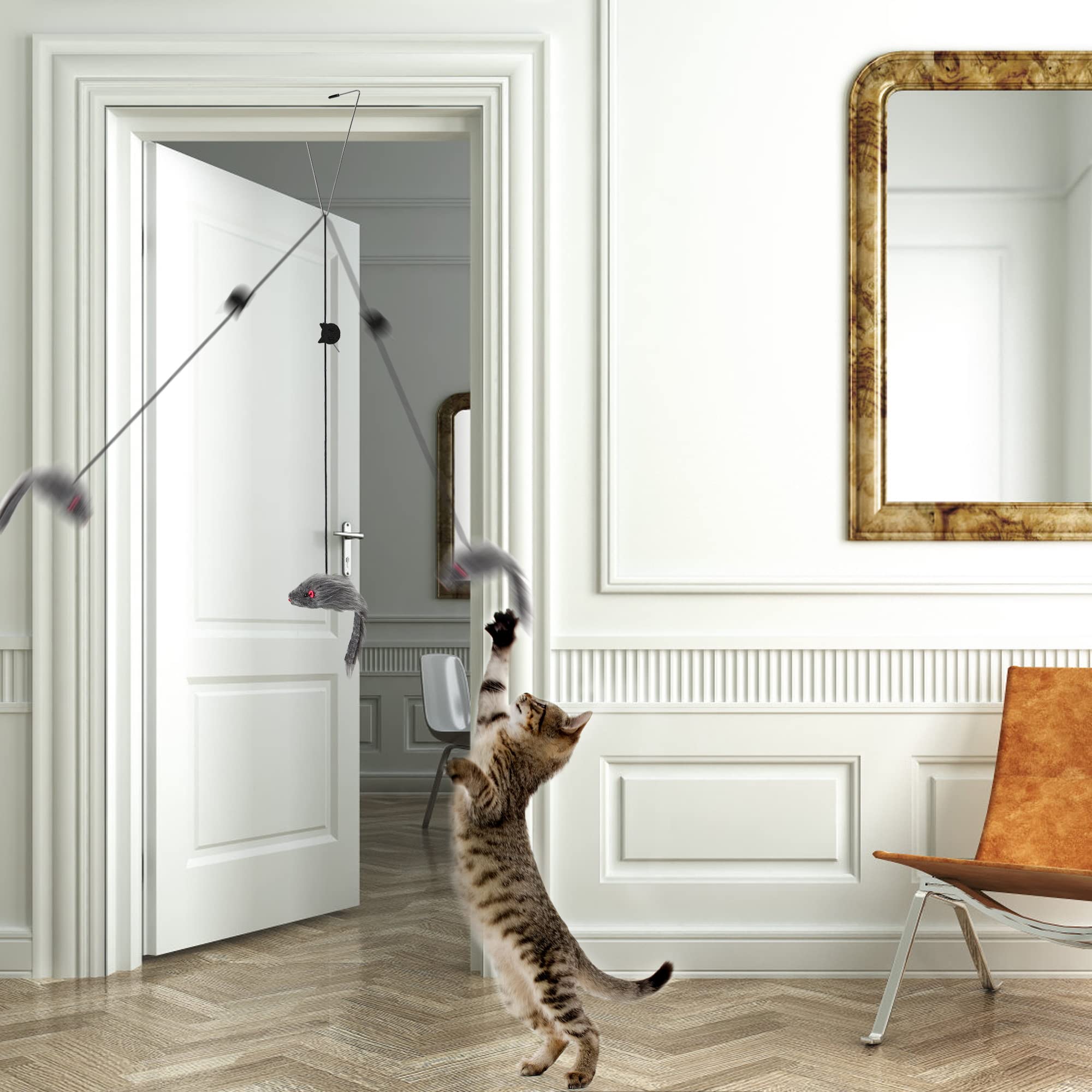 Fynigo Self-Play 3 Ways Hanging Door Cat Mouse Toys For Indoor Cats Kitten,Interactive Cat Mice Toys For Hunting Exercising Eliminating Boredom, For Small Breeds