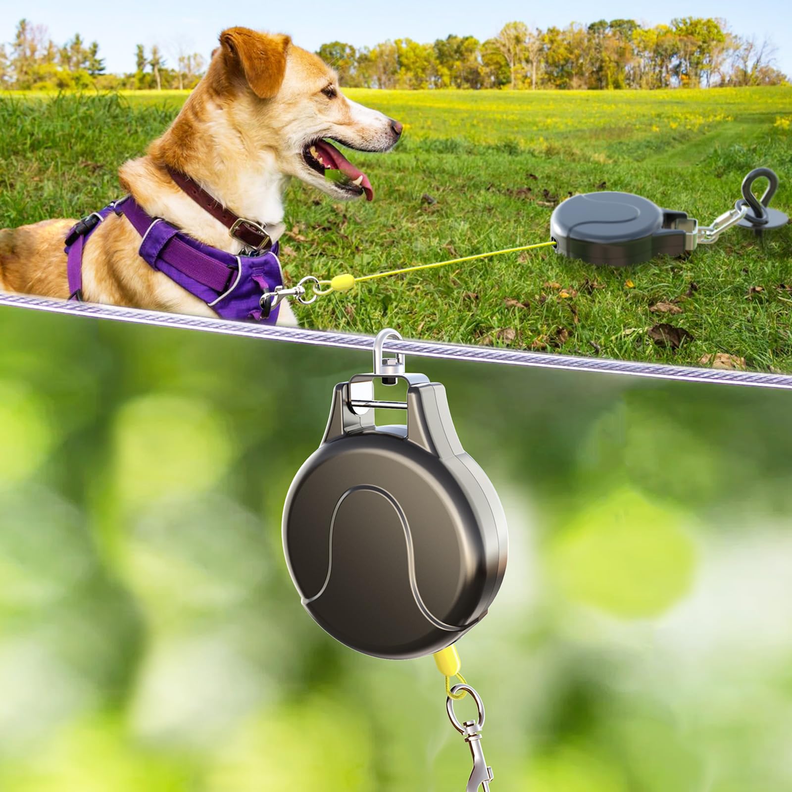 Pestairs 30Ft Dog Tie Out Cable And Retractable Dog Leash, 2-In-1 Lead For Zipline, Aerial Run Cable Trolley Or Anchor, No Tangl