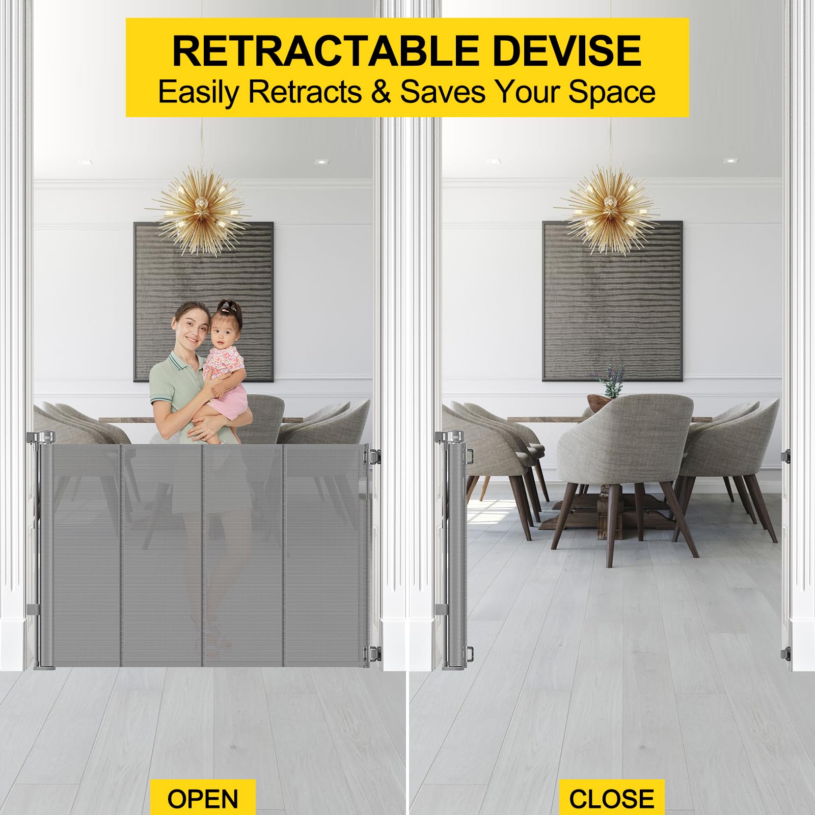 Reinforced 42    Extra Tall Pet Gate for Doorways, Extends up to 60    Wide, Extra Tall Retractable Baby Gates with Rods to Prev