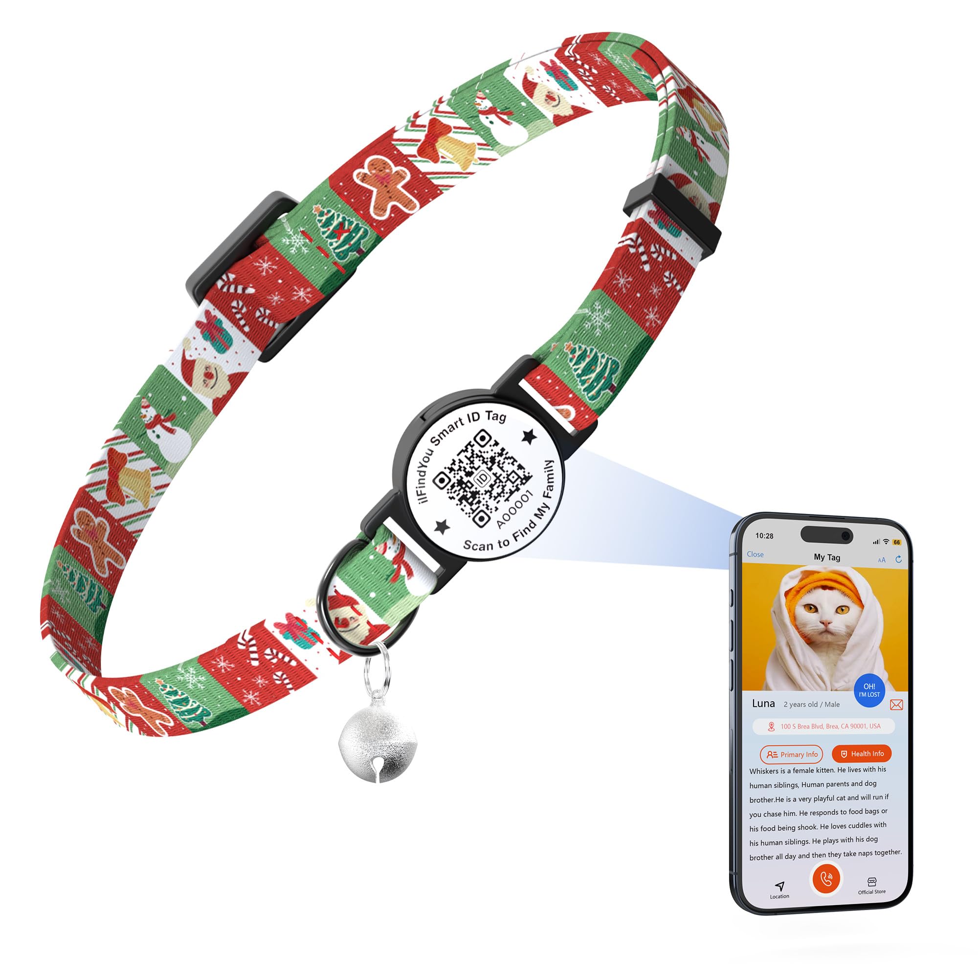 Ilfindyou Christmas Cat Collar Breakaway With Bells, Xmas Patterns Kitten Collar With Qr Code Cat Tag Christmas Pattern