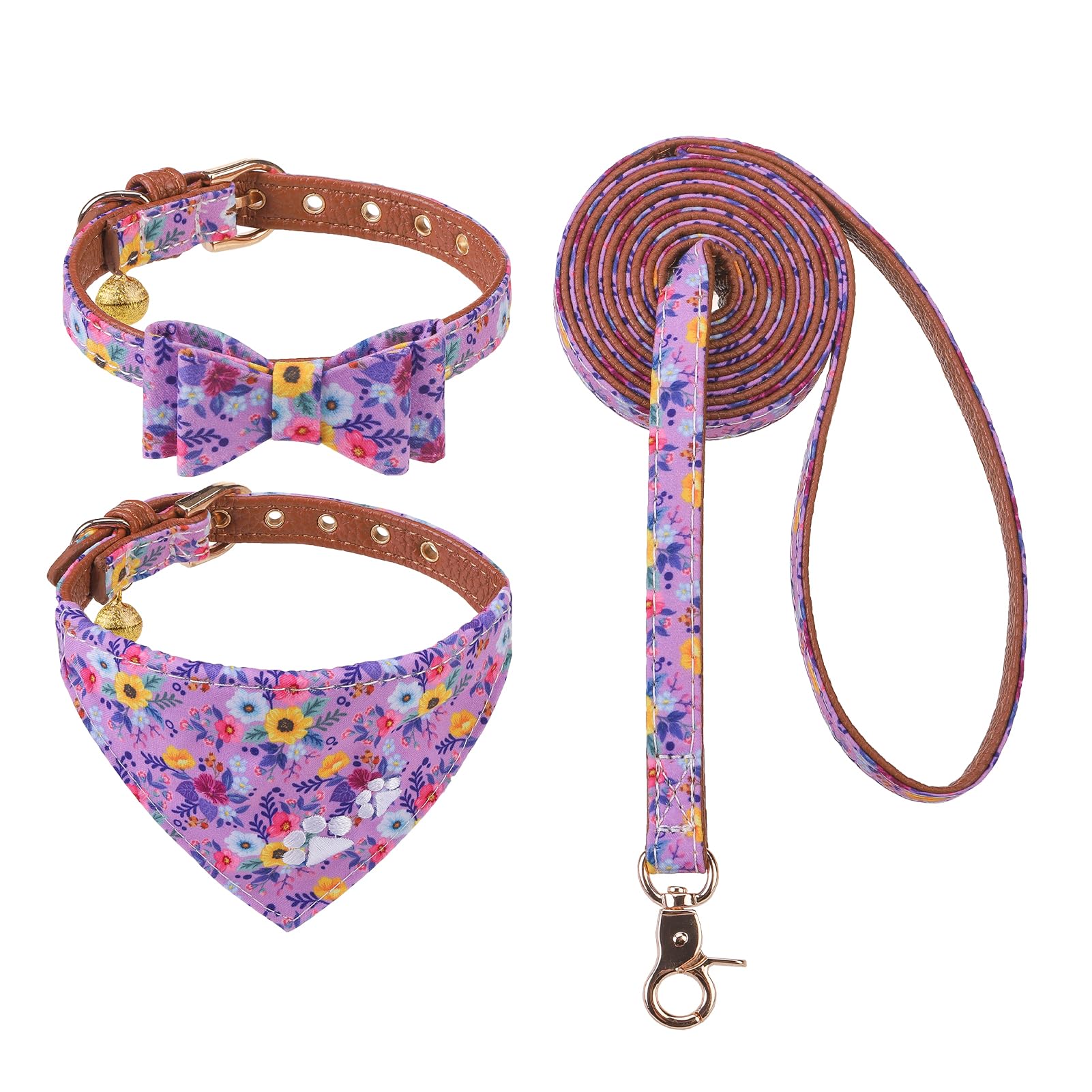 Expawlorer Puppy Collar And Leash Set - Embroidery Floral Dog Collar And Dog Leash Set, Cute Flower Bow Tie And Bandana Dog Coll