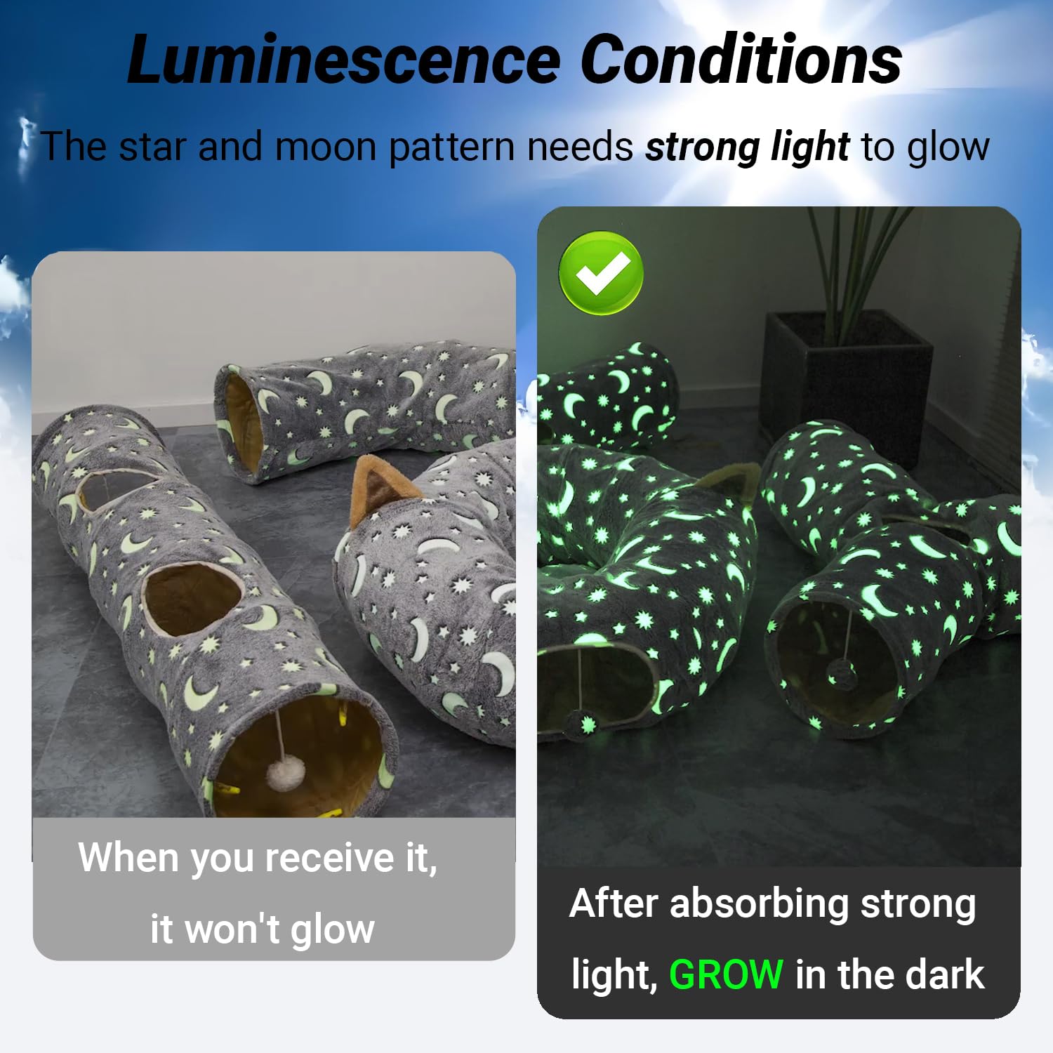 Luckitty Cat Tunnel Tube With Plush Ball Toys Collapsible Self-Luminous Photoluminescence, For Small Pets Bunny Rabbits, Kittens