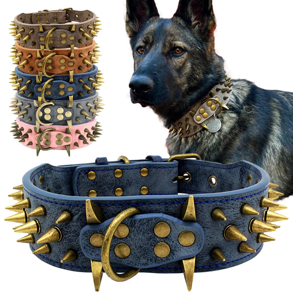 The Mighty Large Spiked Studded Dog Collar - Protect Your Dog'S Neck From Bites, Durable & Stylish, For Large Dogs (Blue L)