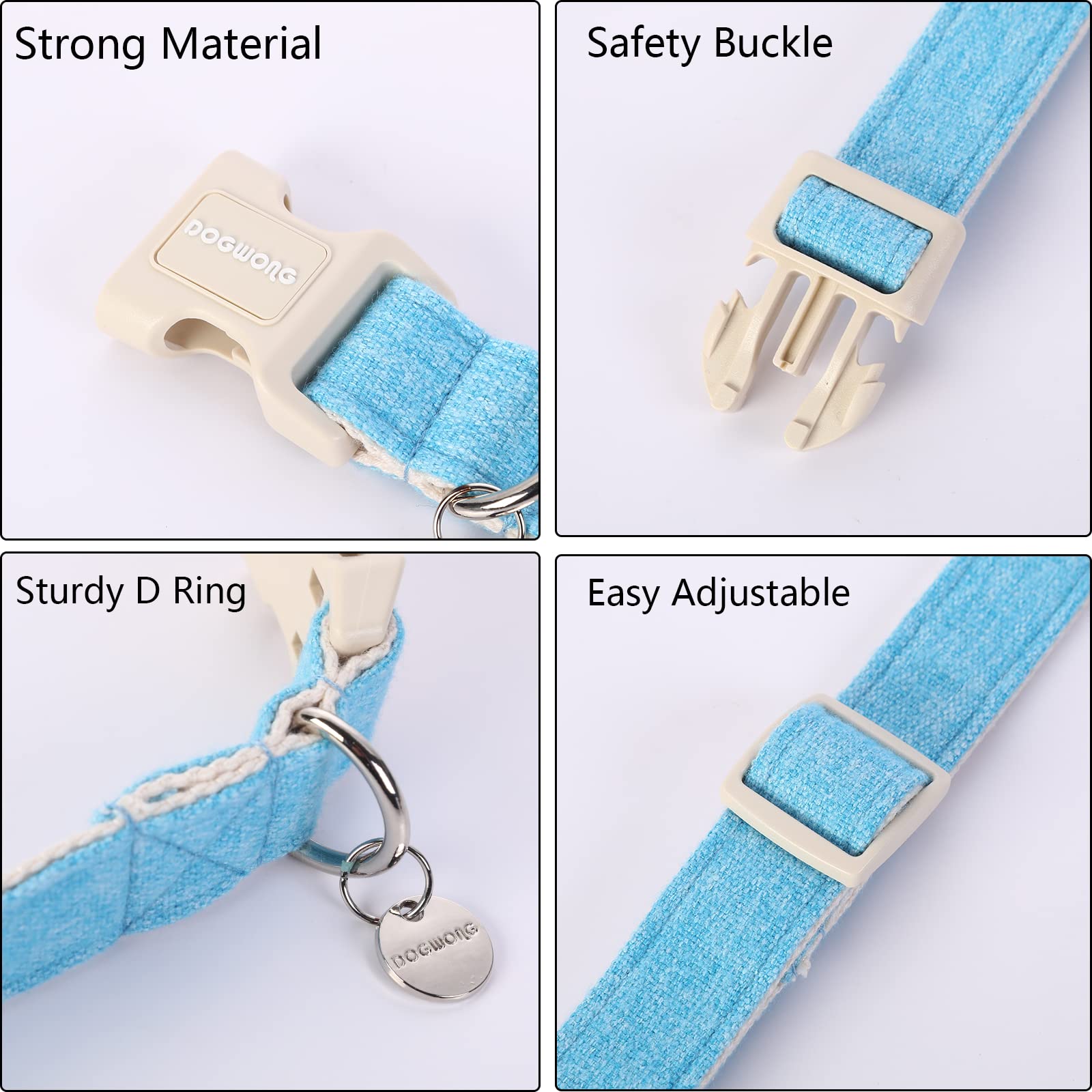 Dogwong Cotton Hemp Dog Collar, Heavy-Duty Blue Dog Collar Adjustable Soft Natural Fabric Cute Wedding Puppy Necklace For Small