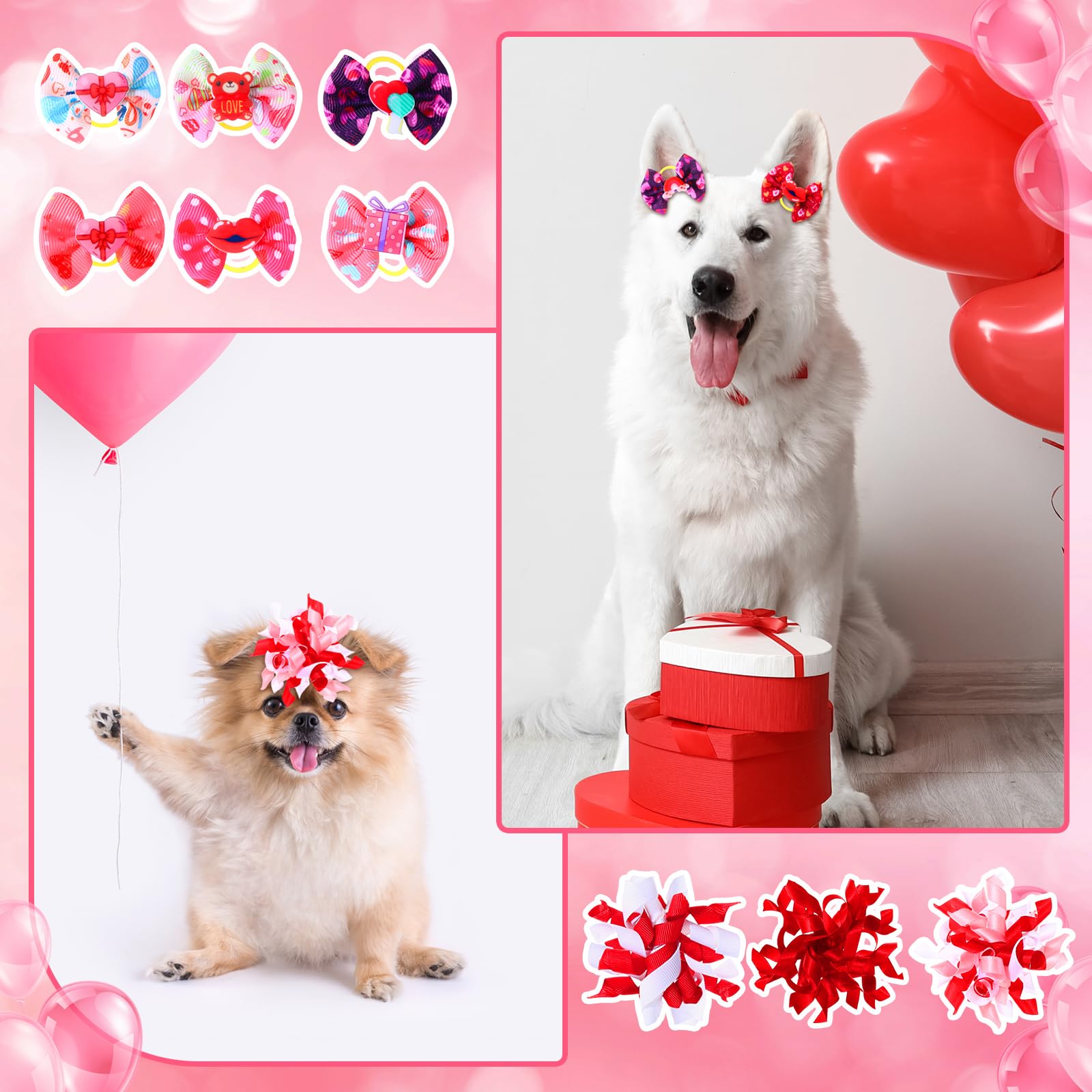 Wavwavw 52 Valentines Dog Hair Bows Bulk With Rubber Bands Valentine Heart Dog Grooming Bows Holiday Party Cute Pet Puppy Cat He