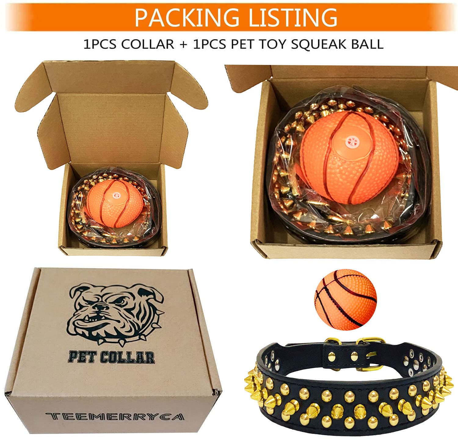 Teemerryca Black Leather Dog Collar With Gold Spikes For Small Medium Large Pets, Pit Bulls/Bulldog, Keep Dog Safe From Grabbing