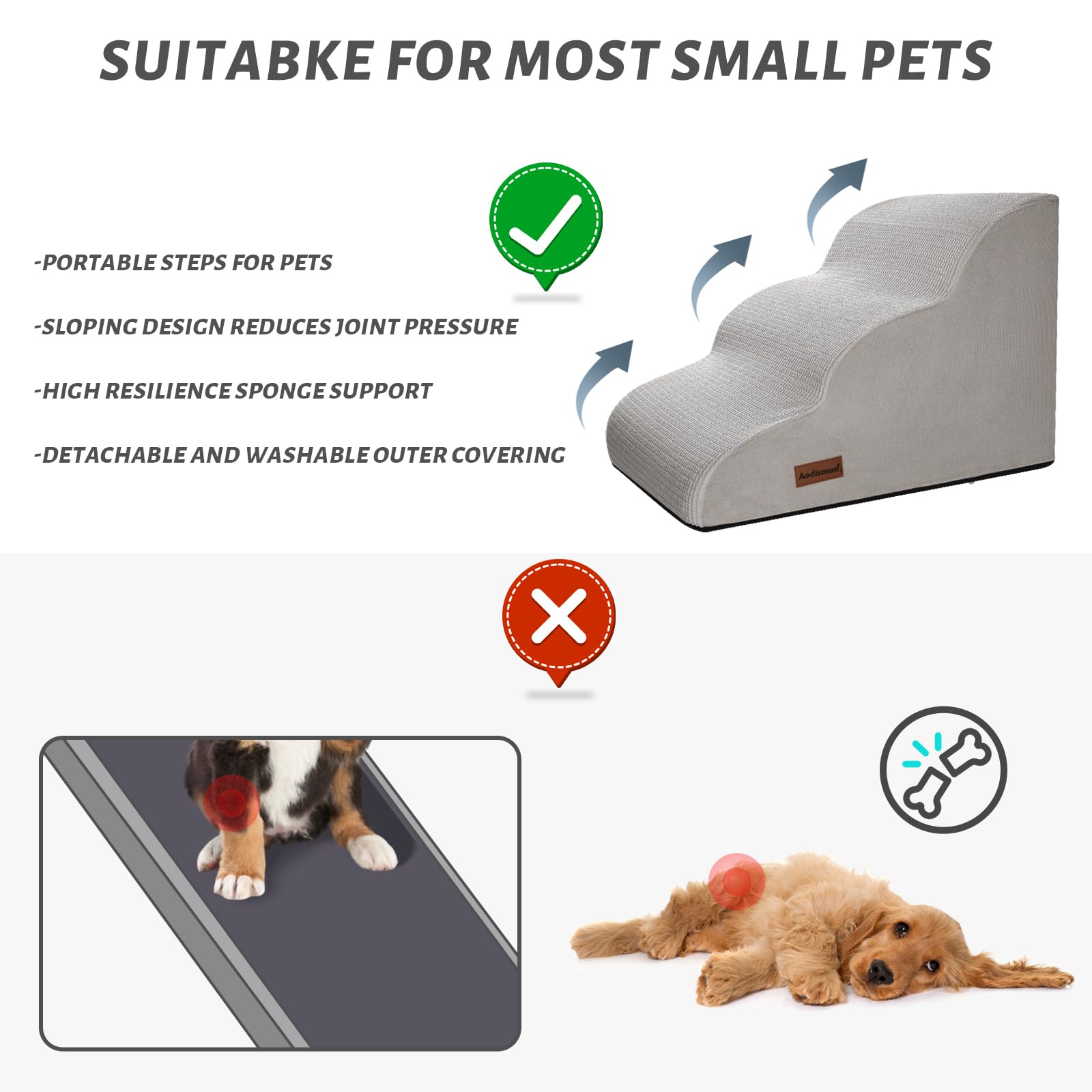 Aodisman 3-Step Dog Ramp and Stairs for Sofa and Chair - Non-Slip Sturdy Pet Steps for Small Dogs and Cats,15.7 H,Light Grey