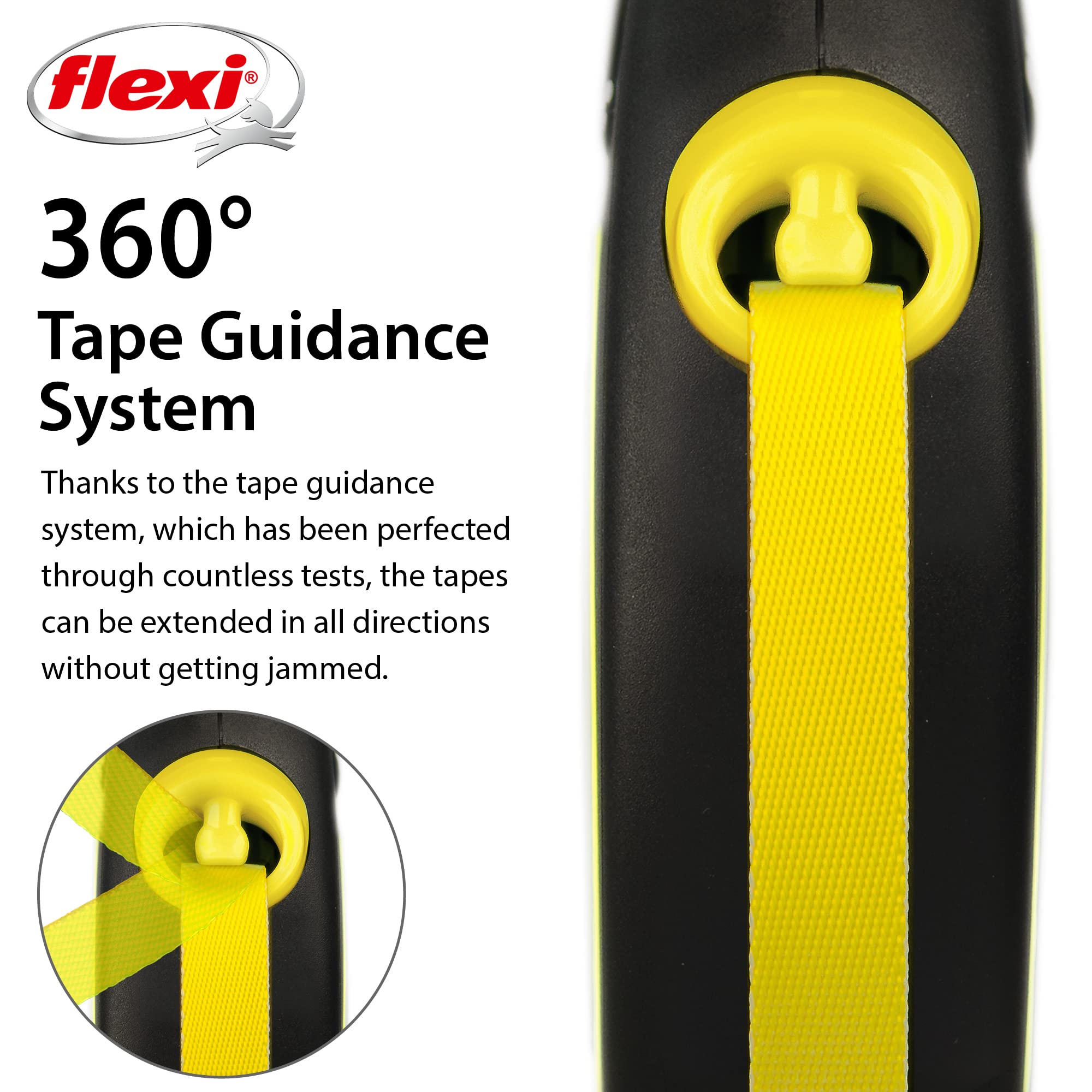 Flexi New Neon Tape Retractable Dog Leashes For Large Dogs Upto 110 Lbs. – 16 Ft., Neon Yellow/Black | Tangle Free Pet Walking Leash With One-Handed Brake, Pause, Lock|German Quality Product