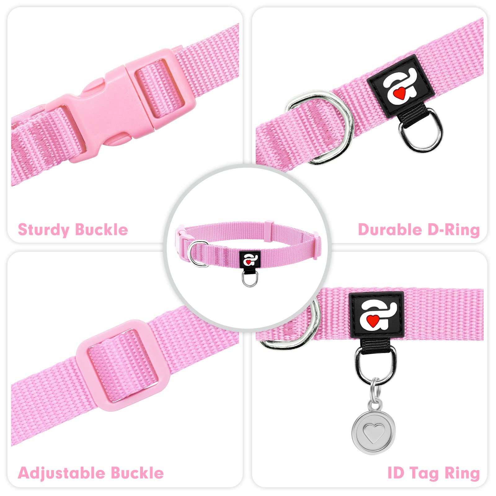 Azuza Nylon Dog Collar And Leash Set, Strong & Durable Basic Style Leash With Easy To Use Collar Hook, Available In Multiple Lengths For Small Dogs, Pink,S