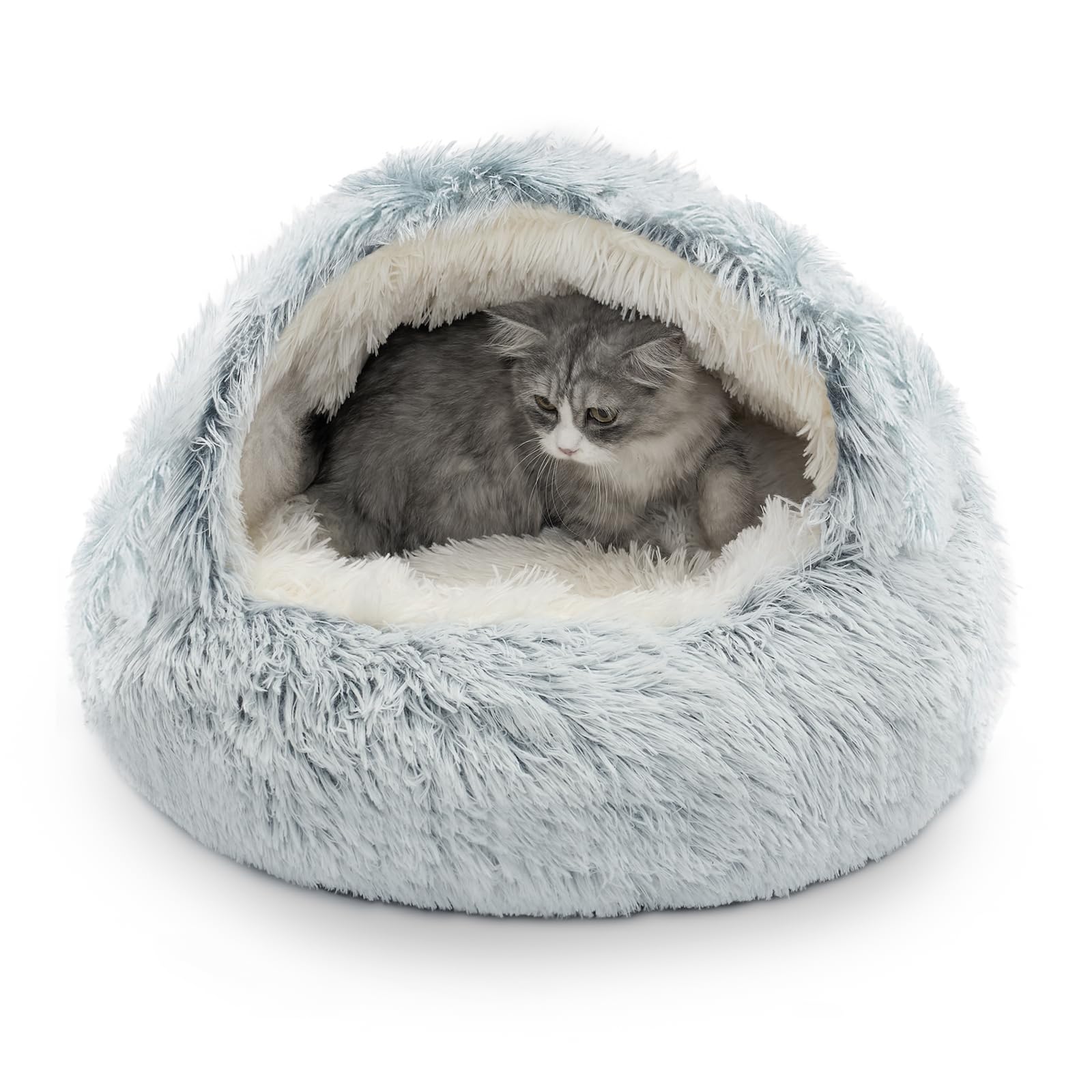 CATISM Cozy Plush Hooded Cat Bed, Indoor/Outdoor, Self-Warming Cave, Removable Washable Non-Slip Bottom