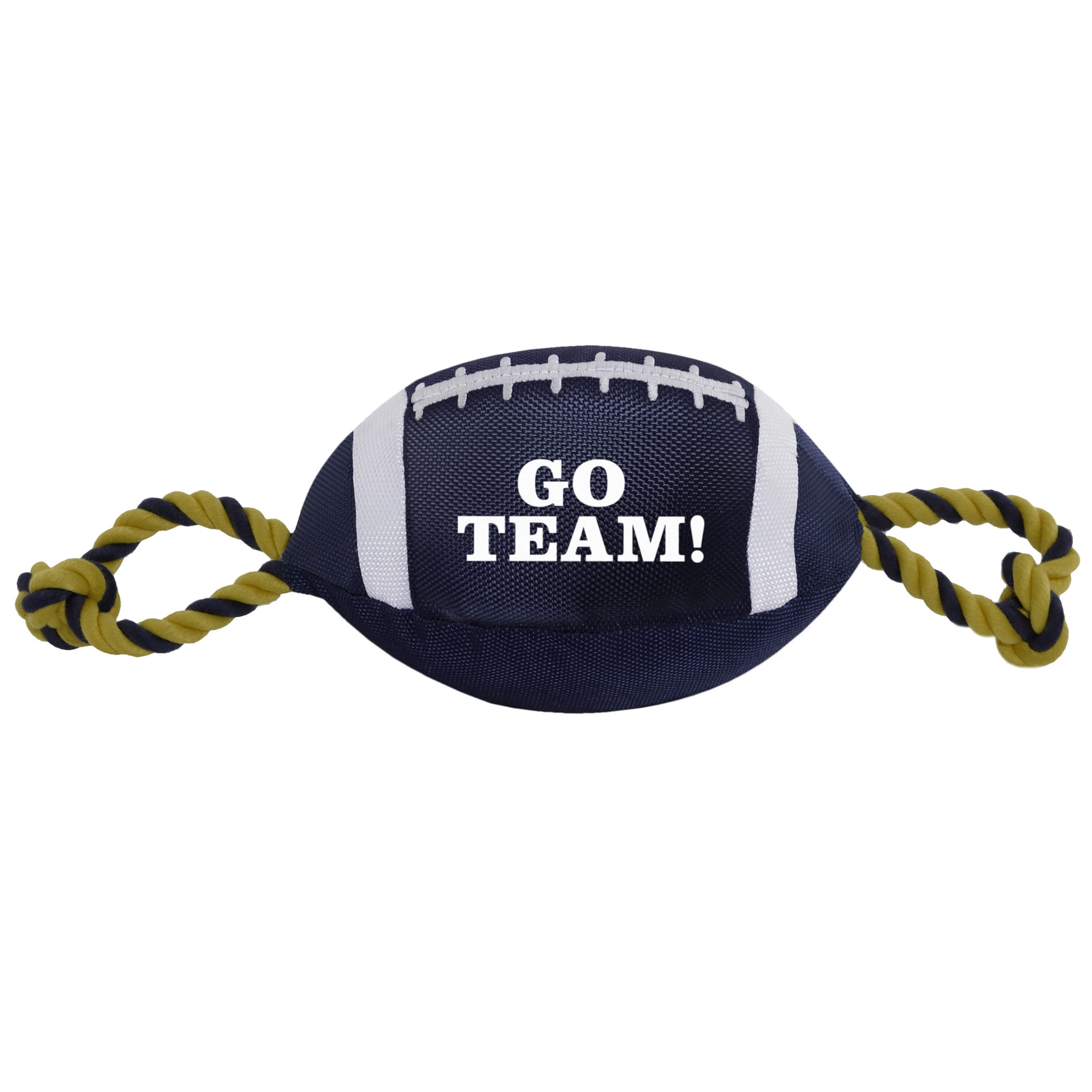 Pets First Football Dog Toy, Tough Nylon Quality Materials with Strong Pull Ropes & Inner Squeaker, Nylon Football Blue/Gold