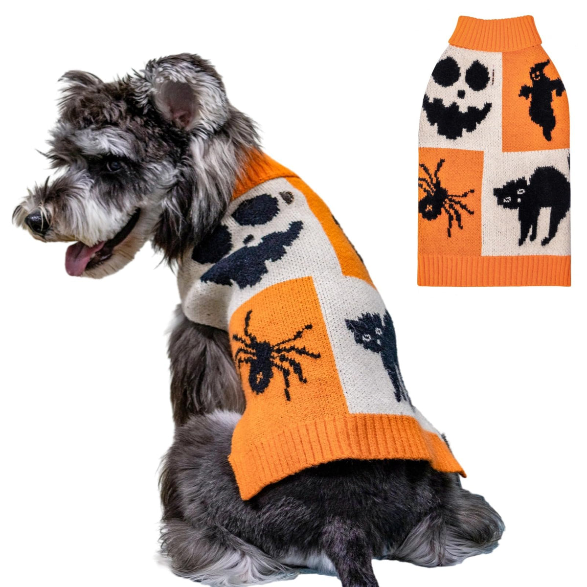 Cutebone Halloween Dog Sweater For Small Medium Dogs Ghost Knit Turtleneck Pet Winter Clothes Cat Apparel With Harness Hole