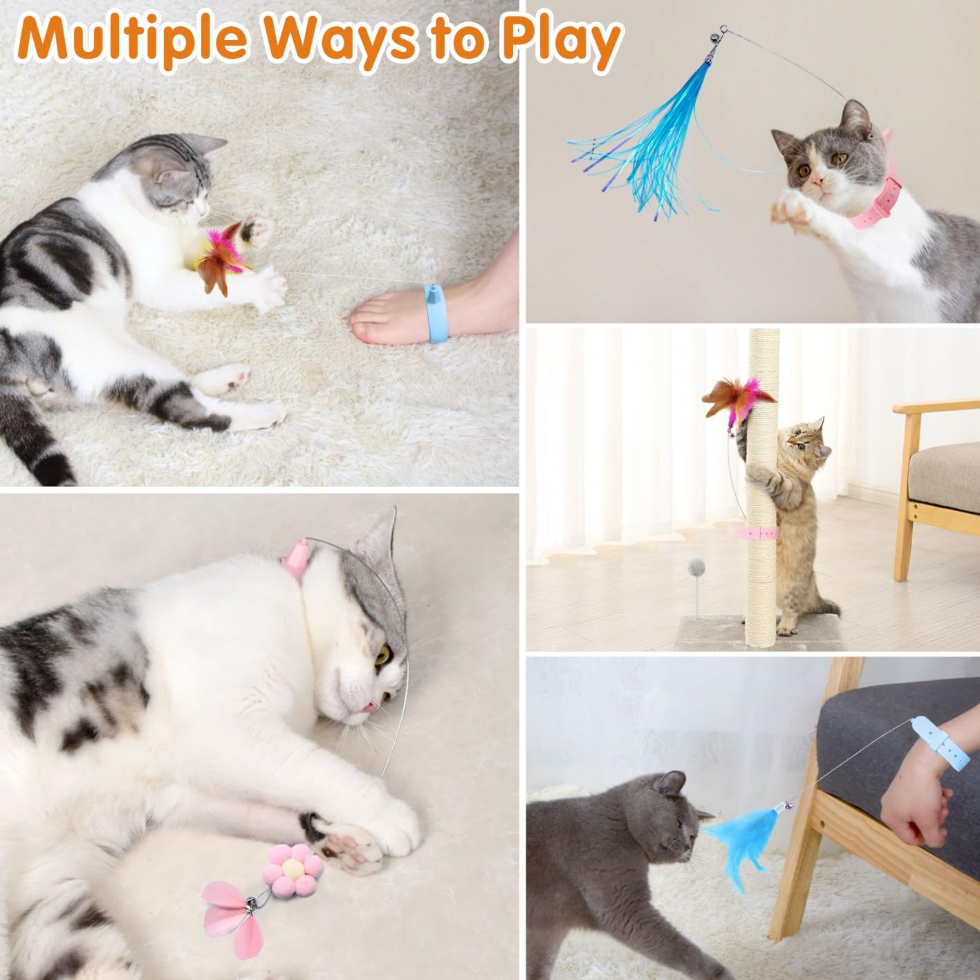 Otunrues Cat Feather Collar Toys 2 Pcs Interactive Toys For Indoor Cats Teasing Wand Collar Funny Toy With Bell And Replaceable