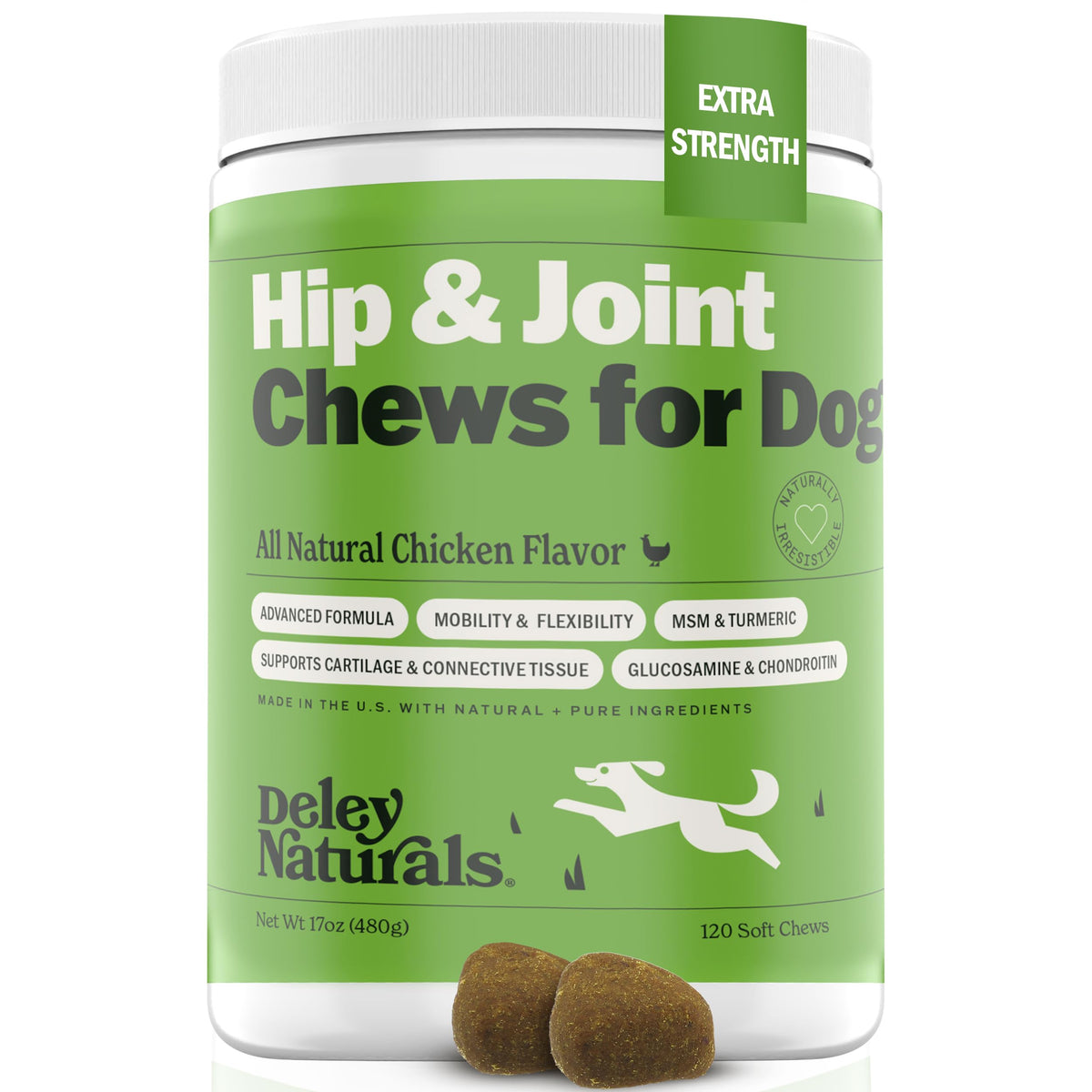 Deley Naturals Dog Hip And Joint Supplement - Msm With Glucosamine Chondroitin For Dogs - Hip And Joint Chews For Dogs Advanced Arthritis Relief - 120 Chews For Dog Joint Pain Relief - Made In Usa