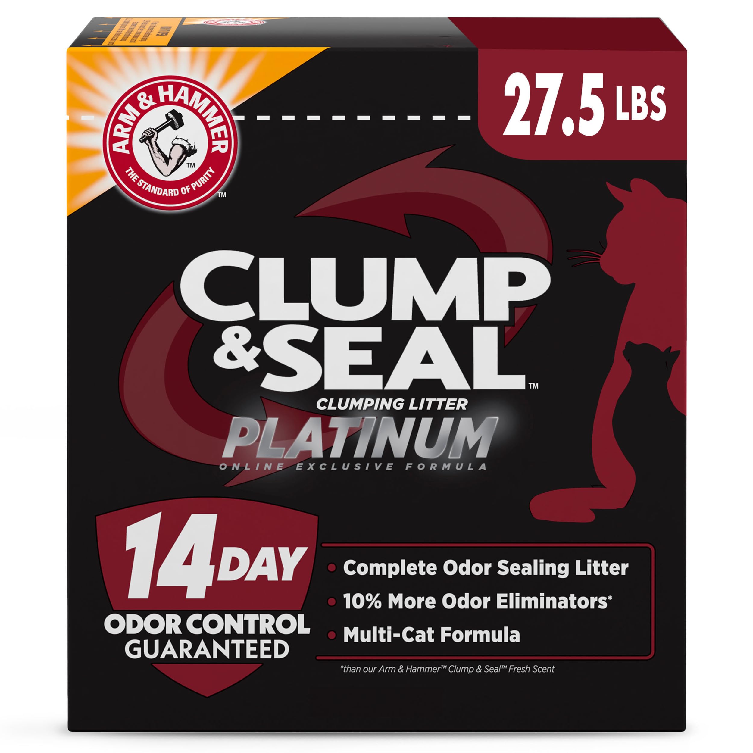 Arm & Hammer Clump & Seal Platinum, Complete Odor Sealing Clumping Cat Litter, Multi-Cat, 14 Day Odor Control, 27.5 Lb