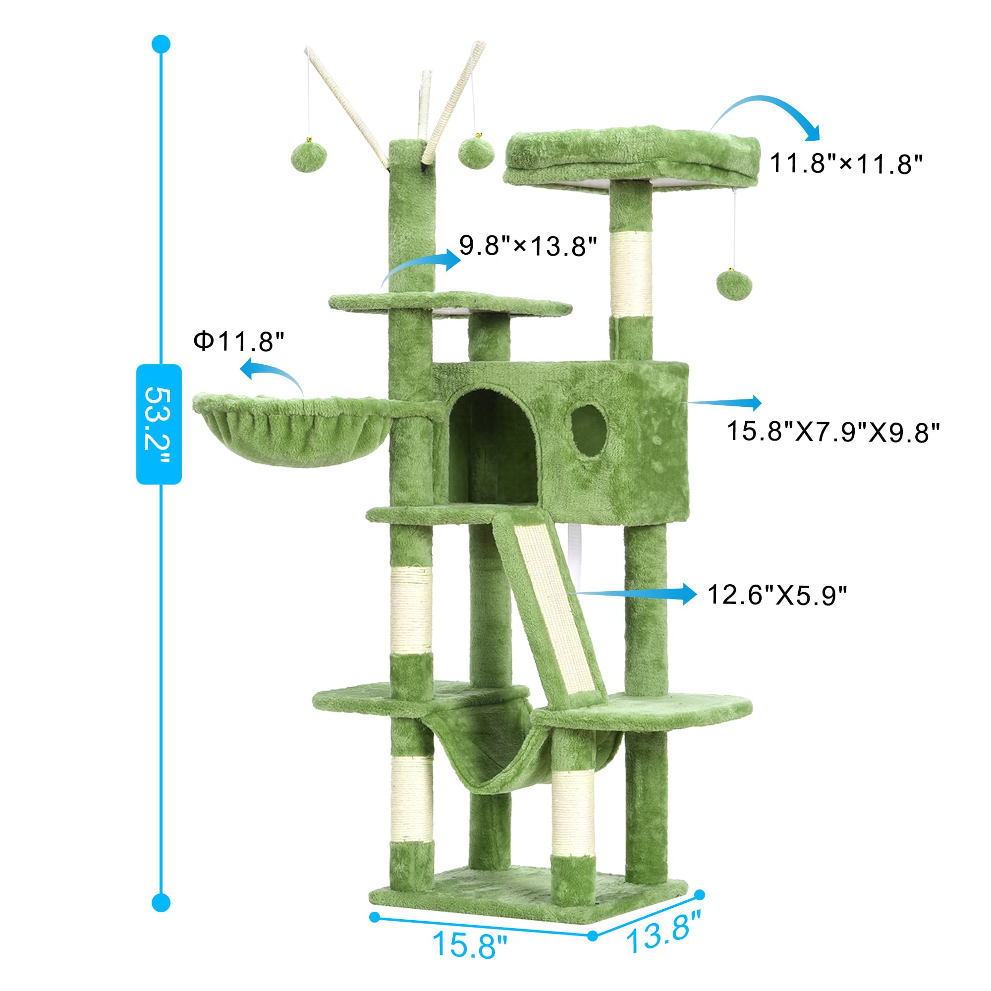 Hey-Brother Cat Tree, 53 Inch Cat Tower For Indoor Cats, Cat House With Padded Platform Bed, Toy Balls, Large Cozy Condo, Hammoc