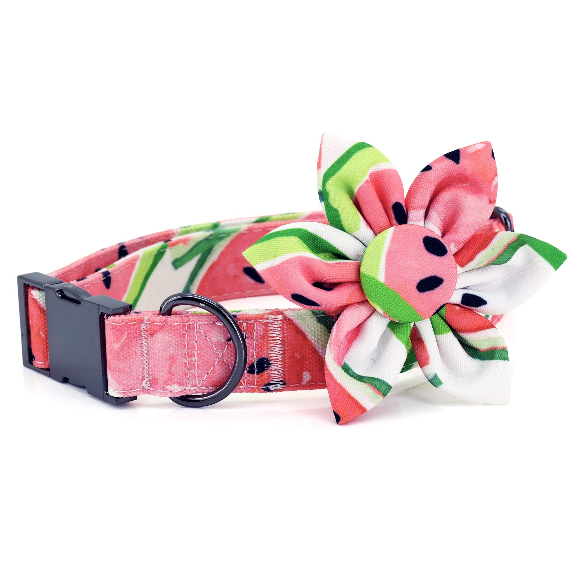 Ultra Joys Girl Dog Collars With Flower - Female Dog Collars With Comfortable Cotton Fabric & Metal Buckle In Watermelon Design