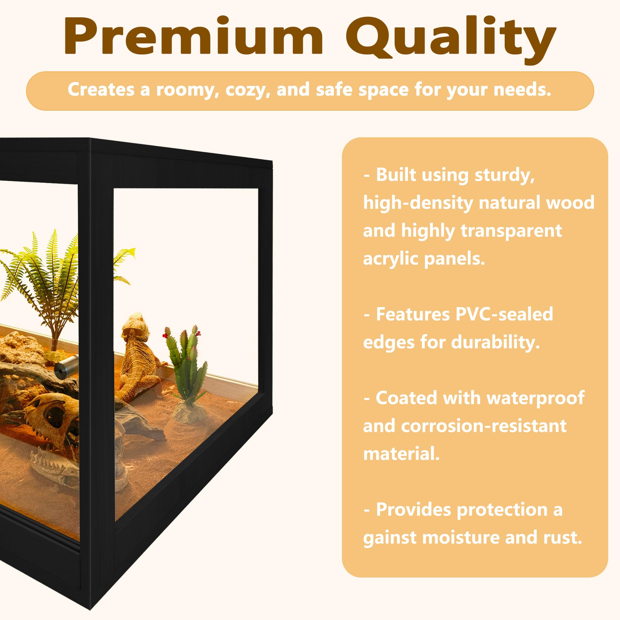 Prolee Reptile Tank 60 Gallon, Lizard Tank, Bearded Dragon Tank With Metal Mesh Roof Door, Snake Tank With Lock Design, Black, 4