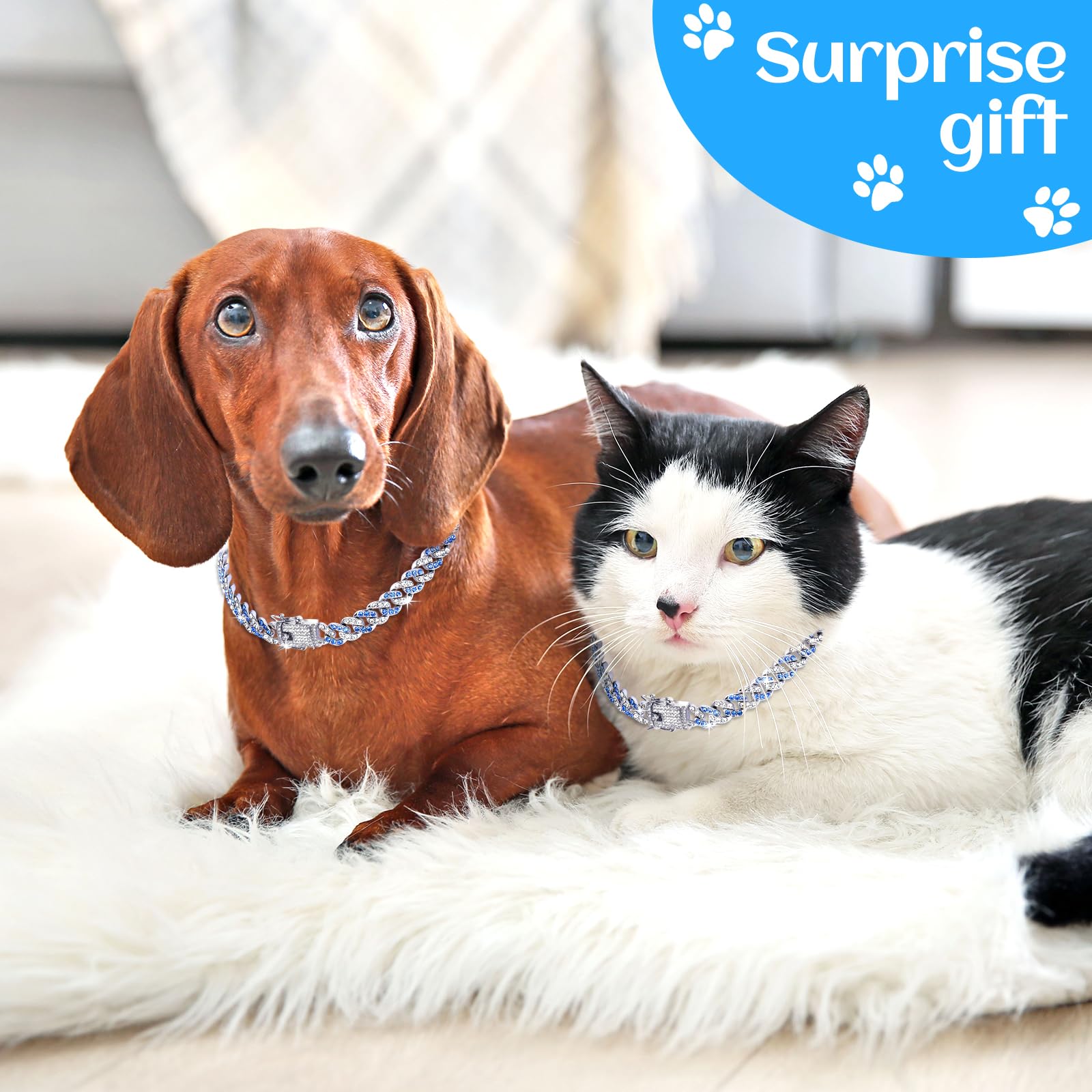 14Inch Glitter Dog Chain Collar Blue Silver Diamond Dog Collars Cuban Dog Chains Necklace Puppy Pet Metal Link Chain With Buckle Christmas Pet Jewelry Accessories Chain For Small Medium Dogs Cats