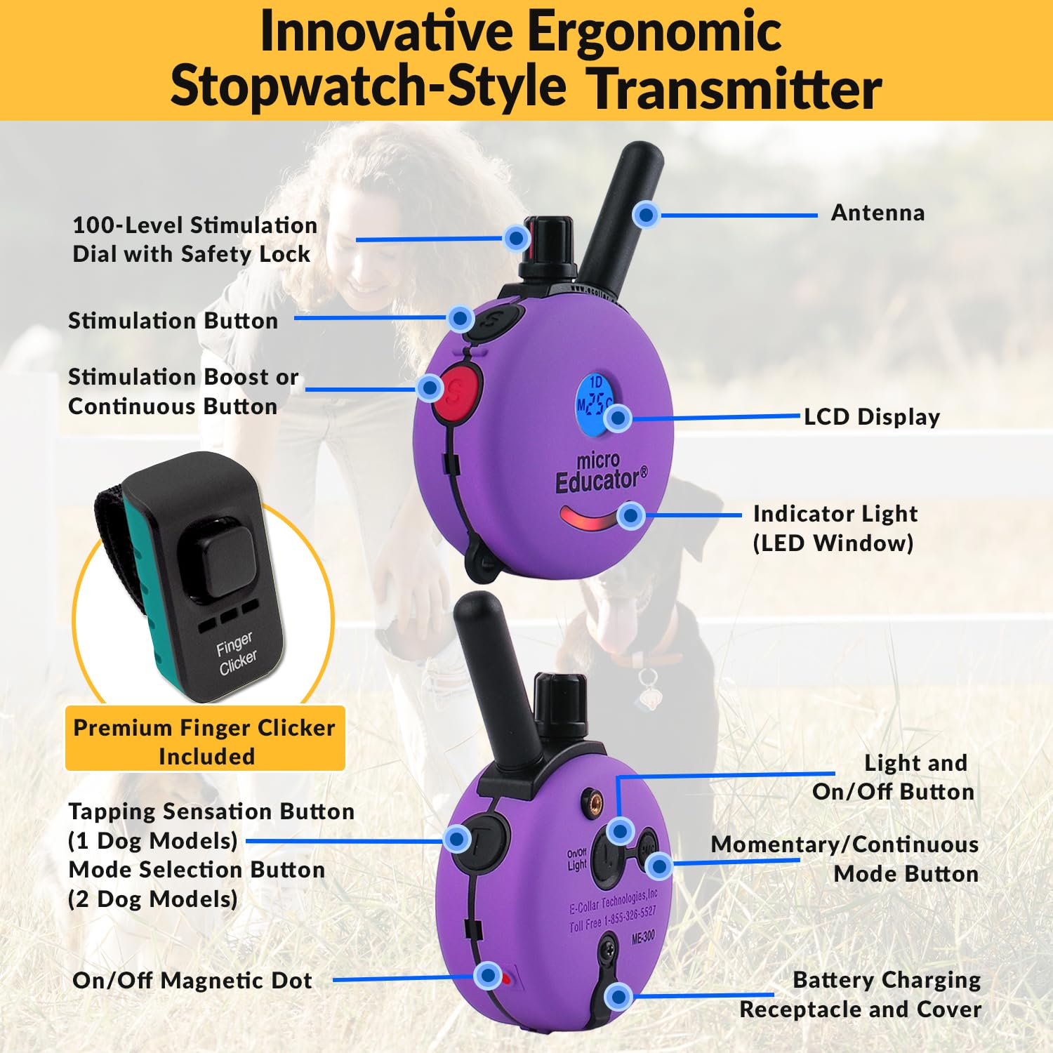 Educator E-Collar Humane Dog Training Collar With Remote, 100 Safe Tapping Stimulation Levels, Night Light, Waterproof, Recharge