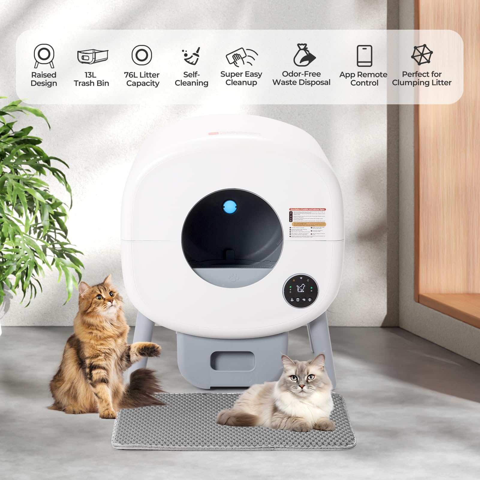 Fsitego Self Cleaning Cat Litter Box - Extra Large Automatic Litter Box With Mat For Multiple Cats - Odor-Free Waste Disposal In