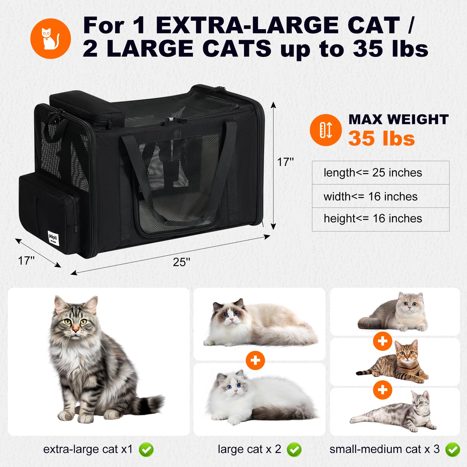 Pidipiti 25'(L) X 17'(W) X 17'(H) Extra-Large Expandable Cat Carrier For Long Distance Car Travel,For 1 Extra-Large Cat / 2 L