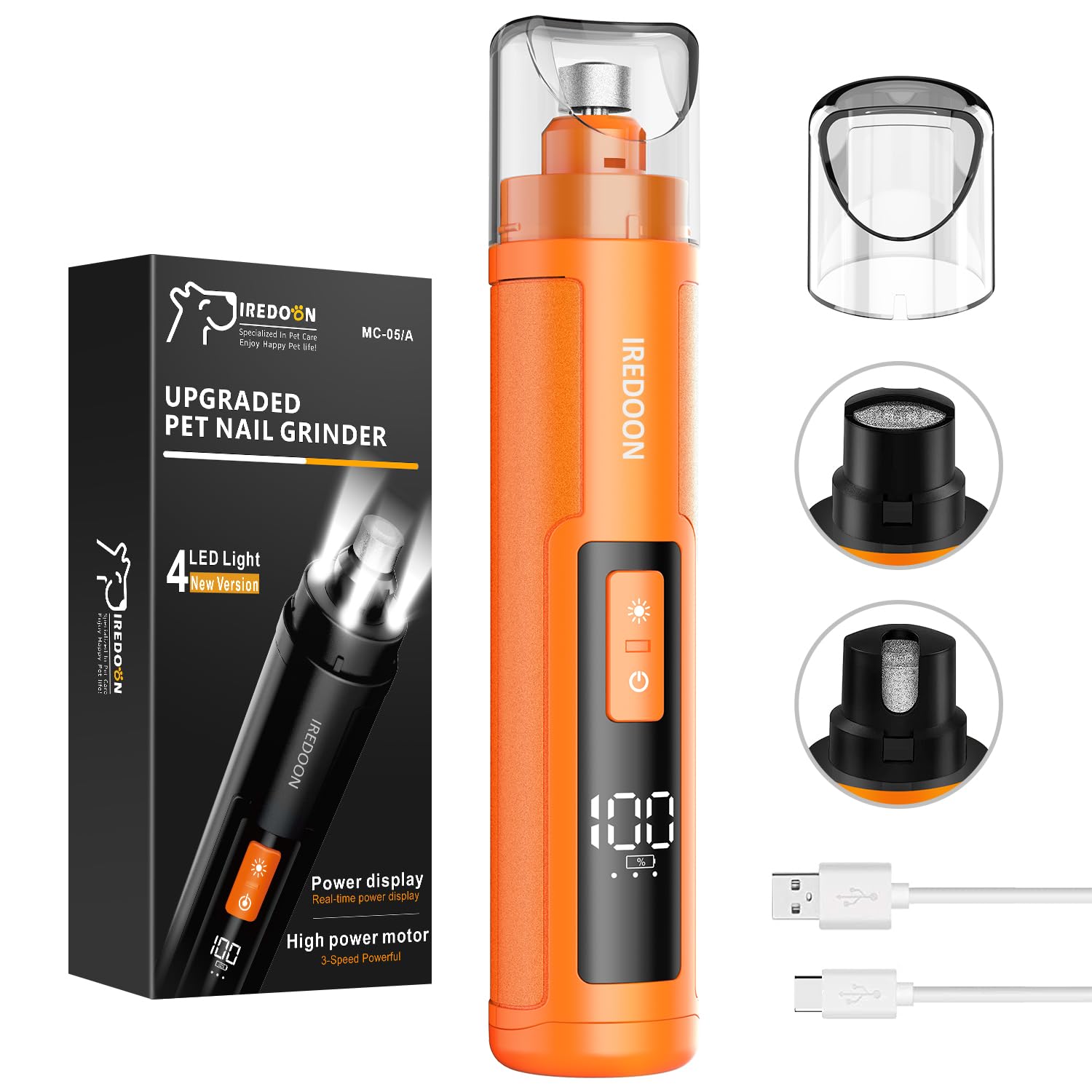 Dog Nail Grinder Upgraded - Professional 3-Speed Super Quiet And Low Vibration Electric Pet Nail Grinder With 4 Led Lights - Pai