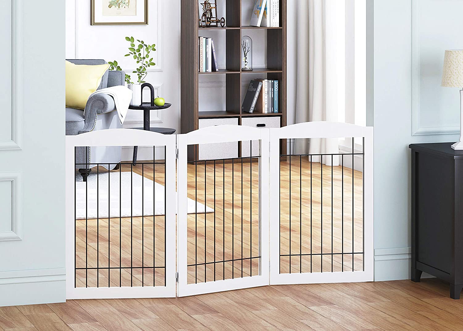 Spirich Freestanding Wire Pet Gate For Dogs, 60 Inches Extra Wide, 30 Inches Tall Dog Gate For The Houes, Doorway, Stairs, Pet Puppy Safety Fence, White- 3 Panels(No Include Support Feet)
