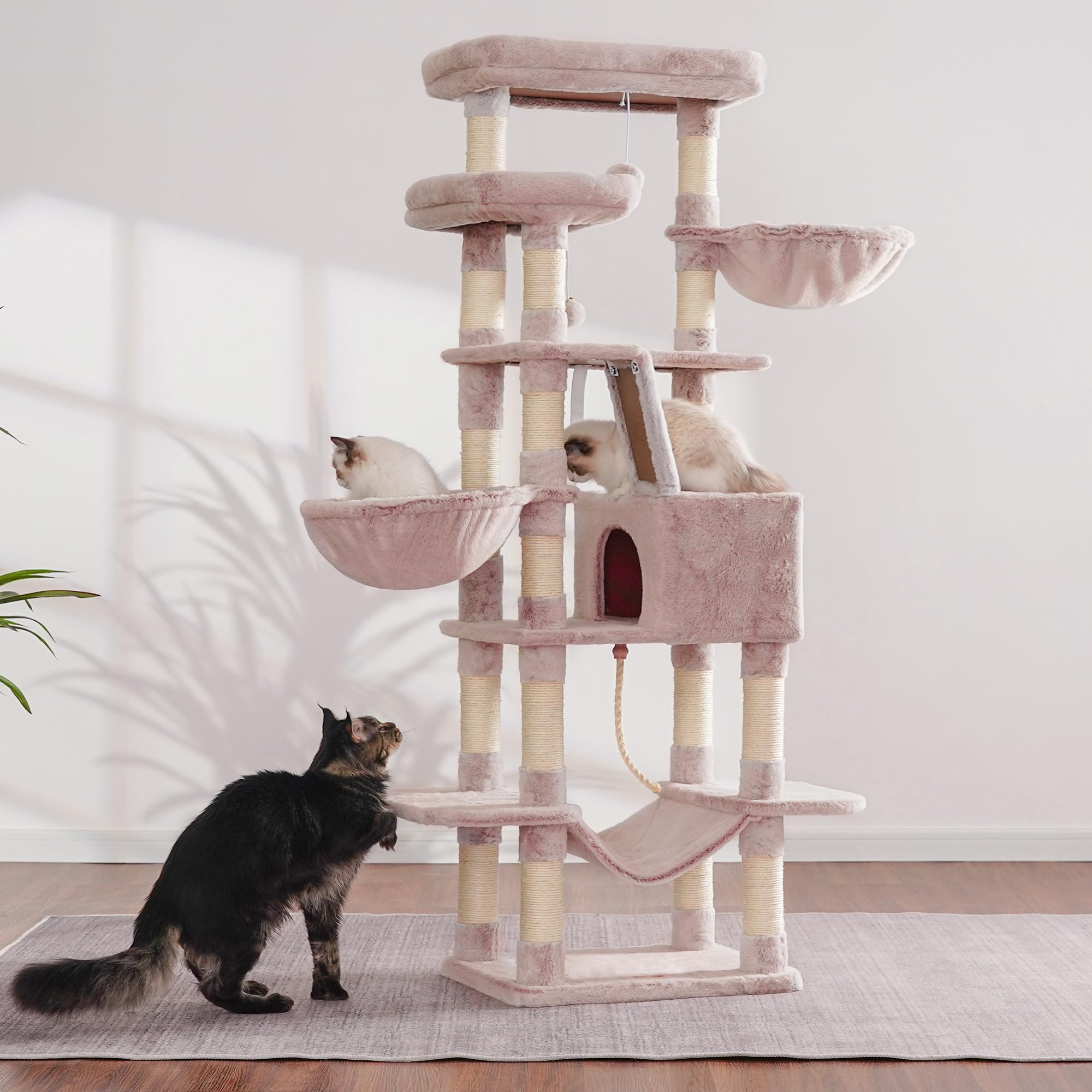 Heybly Cat Tree, 68 Inch Multi-Level Cat Tower For Indoor Cats, 2 Widened Plush Perches Cat Condo With Scratching Board And Big
