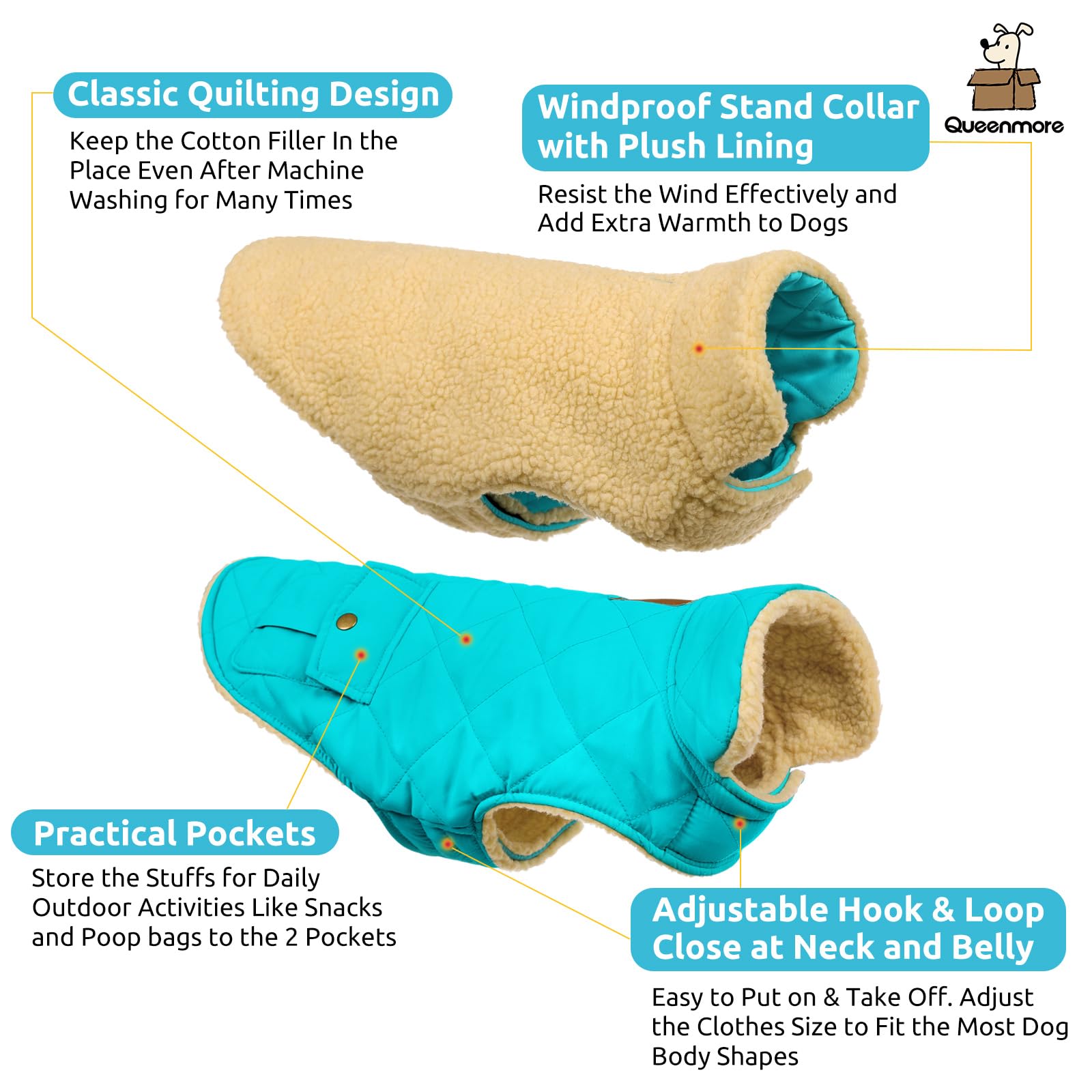 Queenmore Warm Puffer Dog Coat, Quilting Winter Jacket Ultra Thick Plush Fleece Lining Pet Clothes For Dogs With Storage Pockets