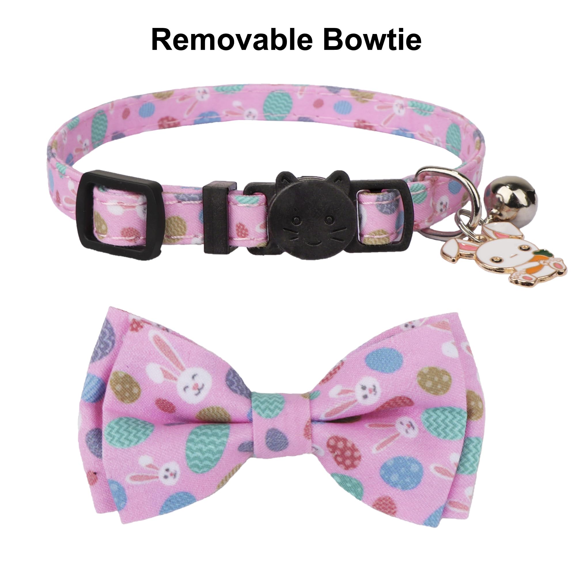 Adoggygo Easter Cat Collar Breakaway With Bow Tie Bell - 2 Pack Holiday Kitten Collar With Removable Bowtie, Cute White Pink Eas