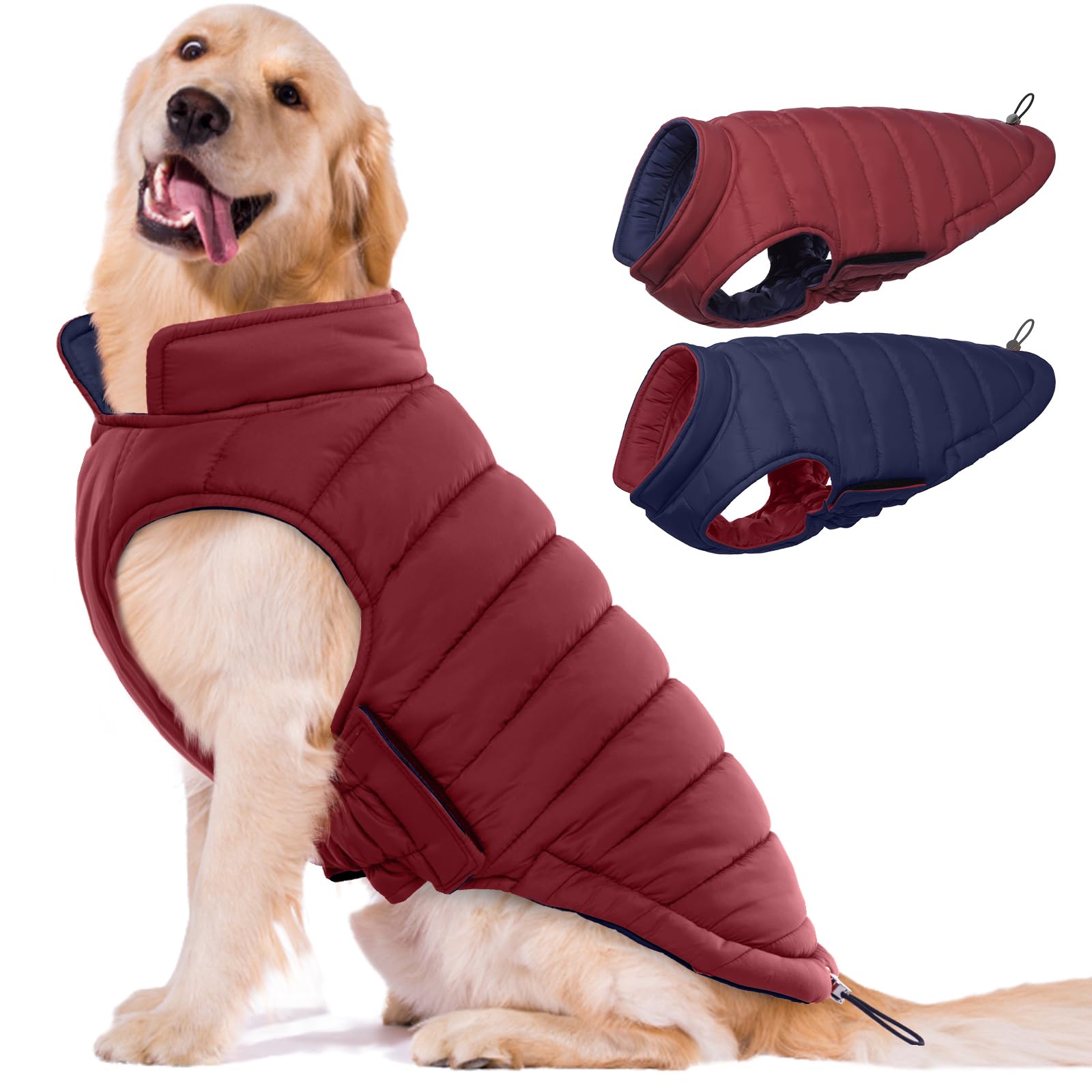Lelepet Warm Dog Puffer Jacket Reversible Padded Vest Windproof Lightweight Cold Weather Coat Dog Sonwsuit With Hook & Loop Coat