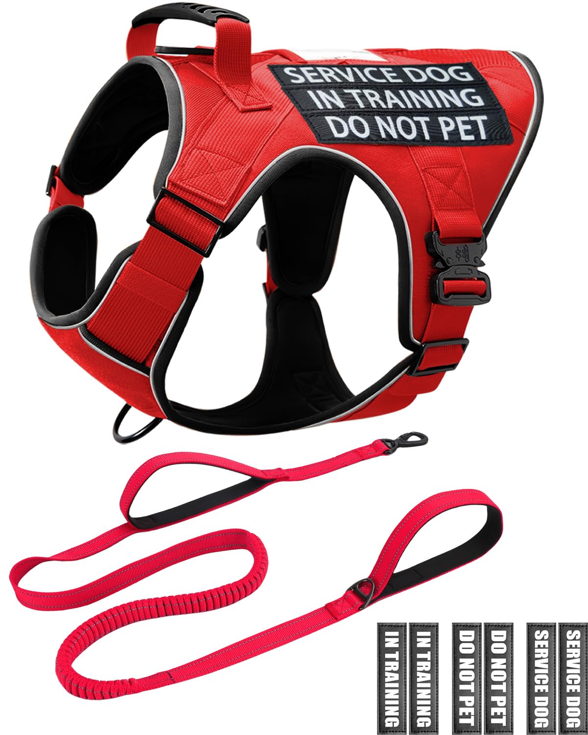 Reflective Red Service Dog In Training Vest Harness Leash Set For Medium Large Dogs, Adjustable Heavy Duty Padded Dog Harness, W