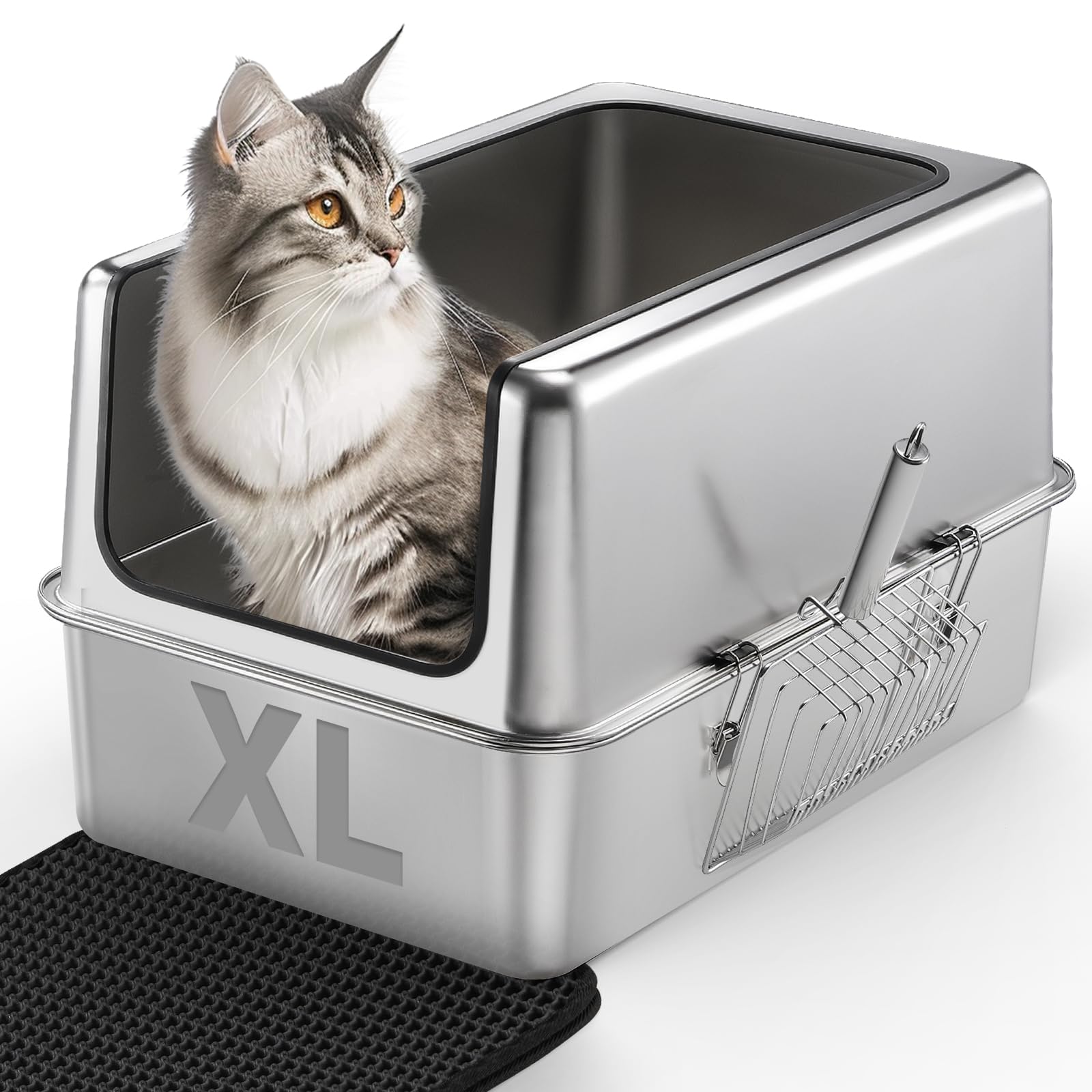 Ipow Xxl All Stainless Steel Litter Box & Mat For Large Cats - Ultra Sturdy & Odor-Free