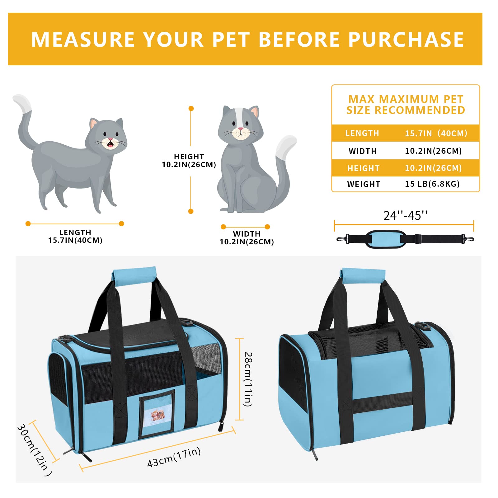 Seclato Cat Carrier Dog Carriers Airline Approved For Small Dogs, Kitten, Carriers For Small Medium Cats Under 15Lb, Collapsible