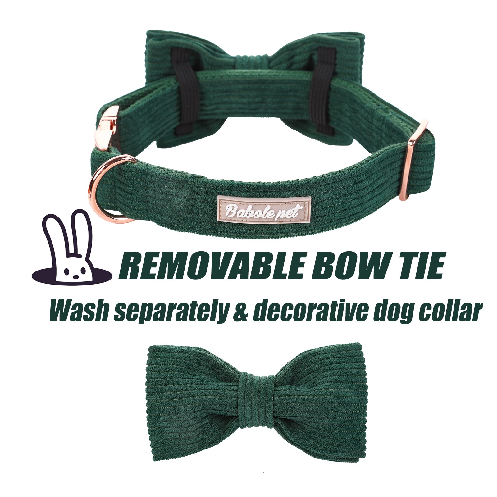 Babole Pet Green Dog Collars for Small Dog,Cute Corduroy Dog Collar with Bow Tie Safety Metal Buckle Adjustable Puppy Collars fo