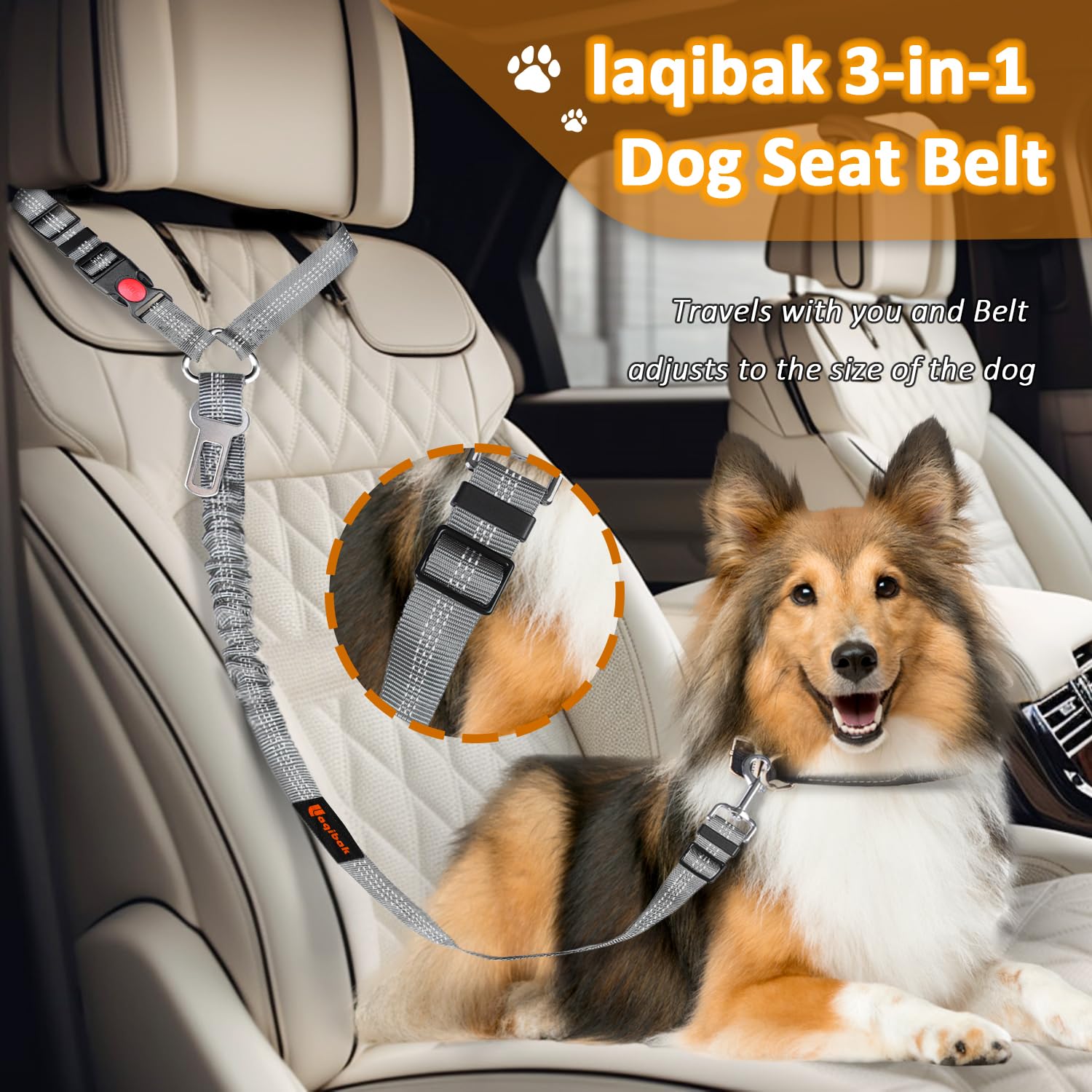 Removable Dog Seat Belt Harness For Car, 3 In 1 Pet Dog Car Seatbelt Leash, Retractable Restraint Secures To Vehicle Headrest &