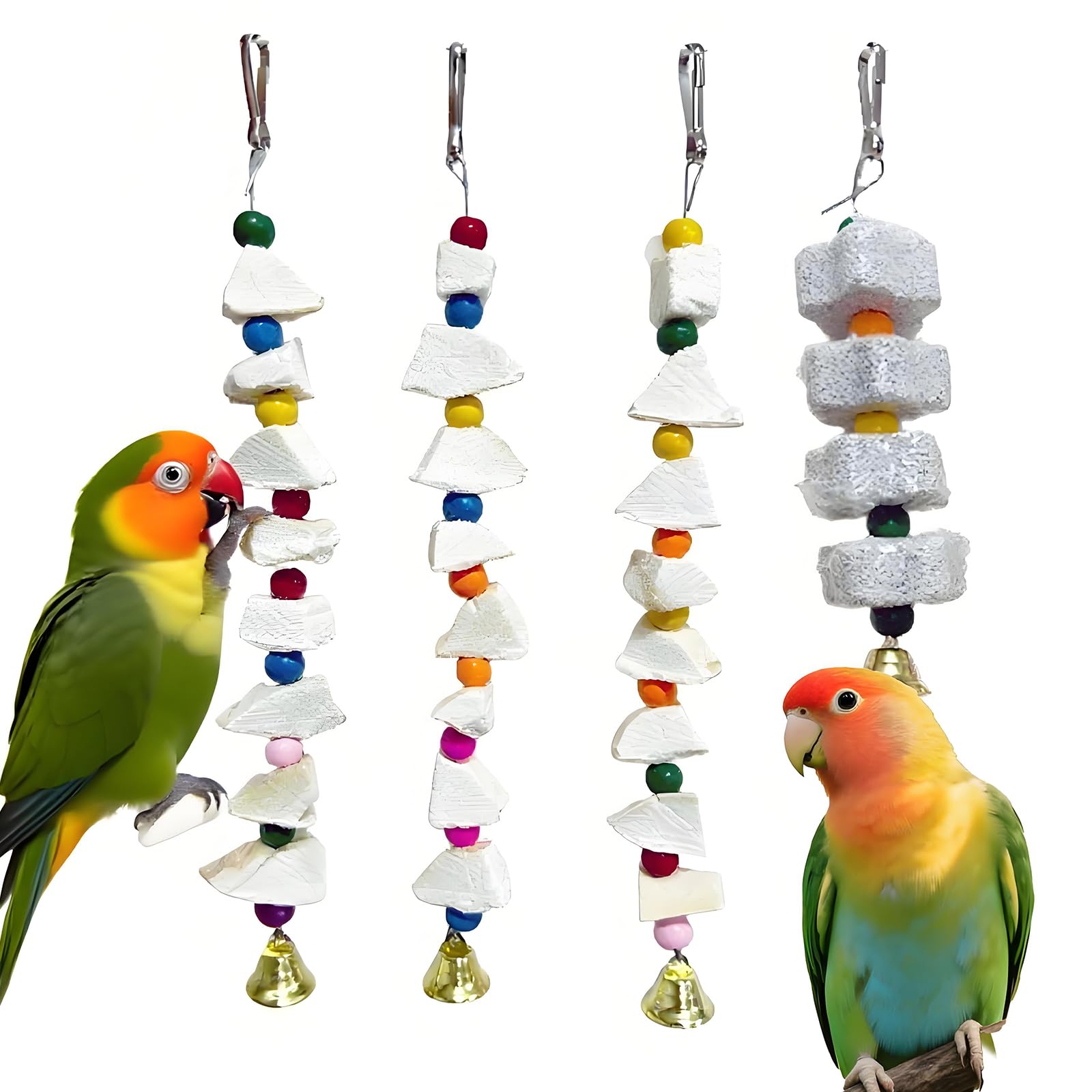 Parrot Toys 4-Pack with Cuttlebone for Birds - Calcium Chew Toys & Grinding Stone for Parakeets, Budgies, Cockatiels, Lovebirds 