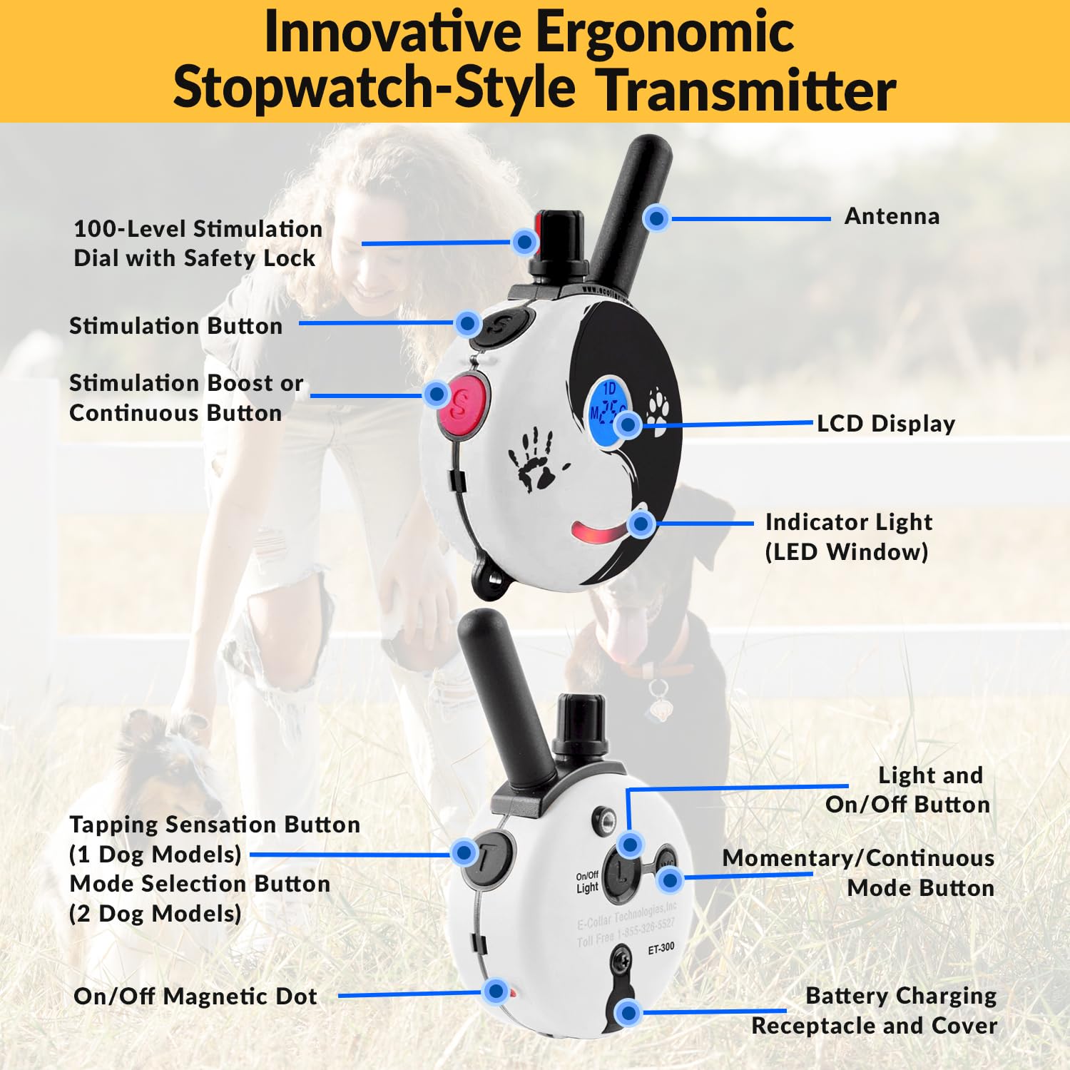 Educator E-Collar Dog Training Collar, Rechargeable Remote + Finger Clicker, For Small To Medium Dogs, Humane Tapping Stimulatio