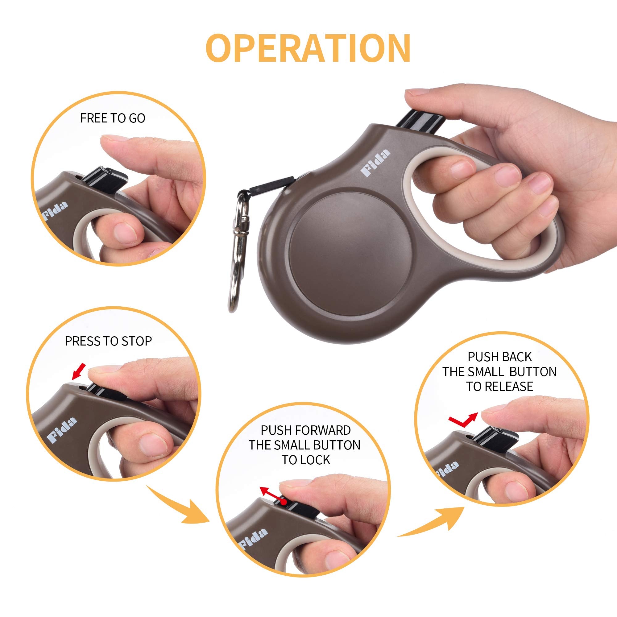 Fida Retractable Dog Leash - 16ft Tangle-Free Walking Leash for Small Dogs (up to 26lbs) - Coffee/Brown, Resin Material